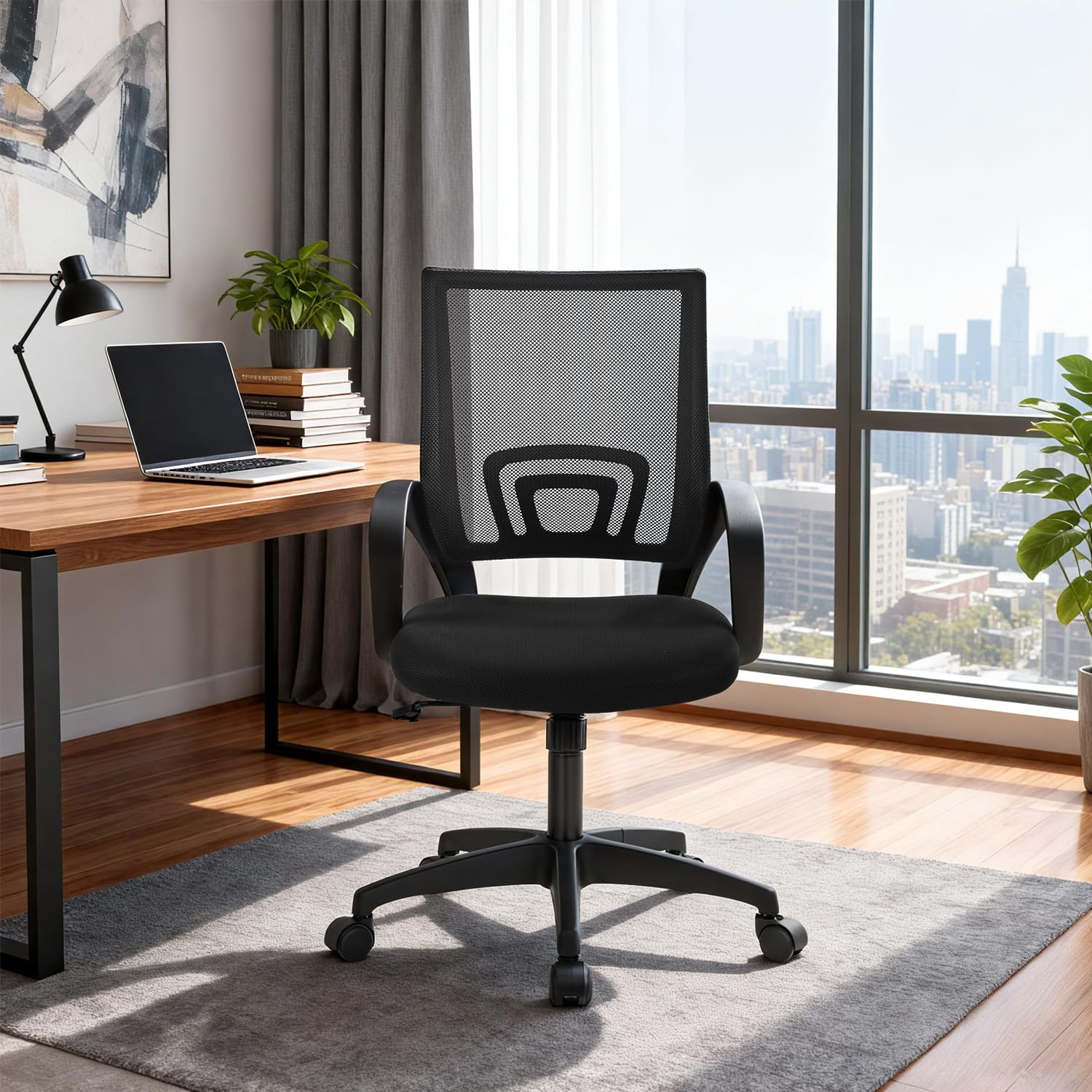 Ergonomic Mid-Back Desk Chair w/ Lumbar Support | Adjustable Height | Rolling Wheels | Dark Black - Task & Tether