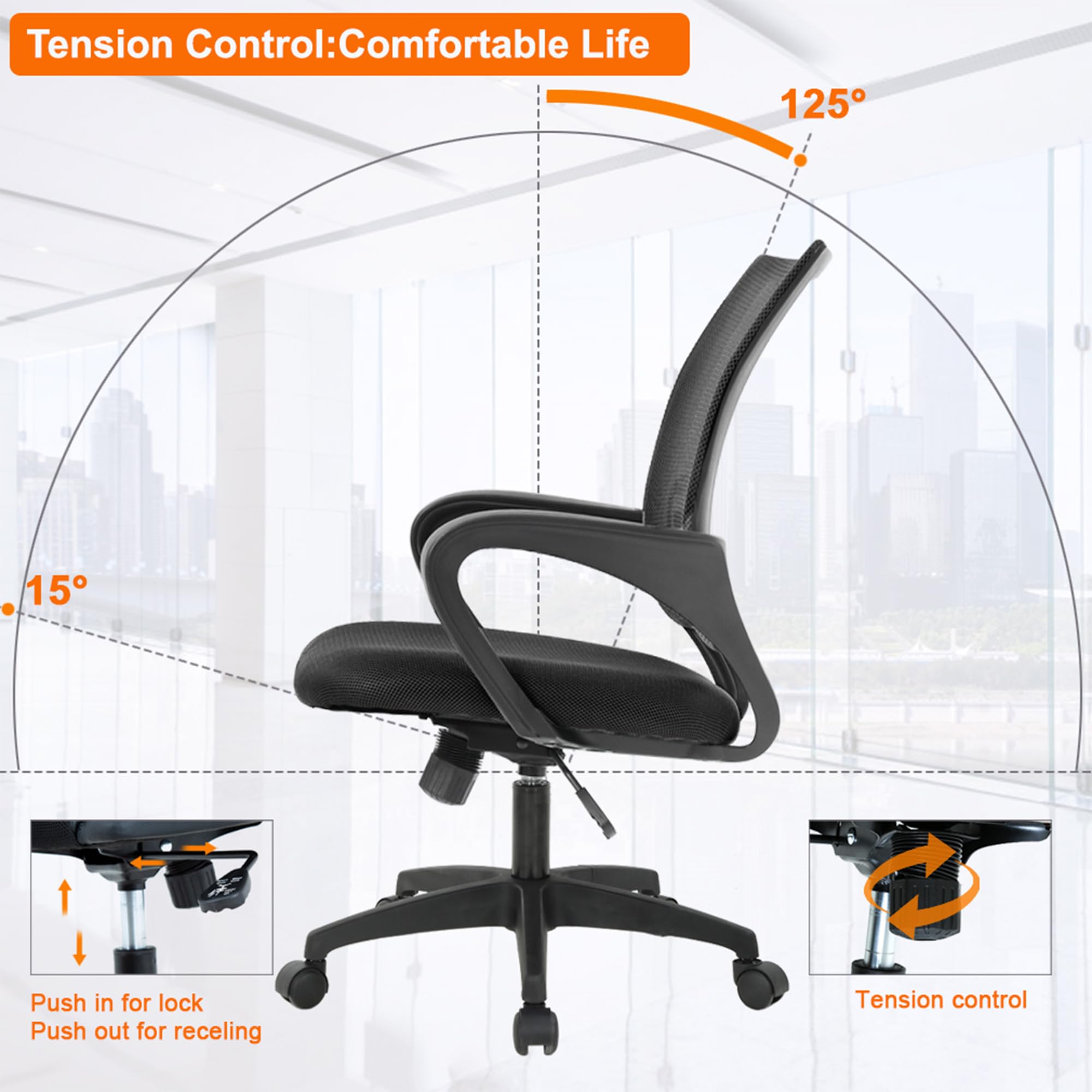 Ergonomic Mid-Back Desk Chair w/ Lumbar Support | Adjustable Height | Rolling Wheels | Dark Black - Task & Tether