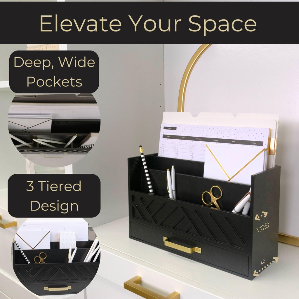 Grey Wooden Desk Organizer with Drawer - Home Office Organization & Mail Storage - Task & Tether