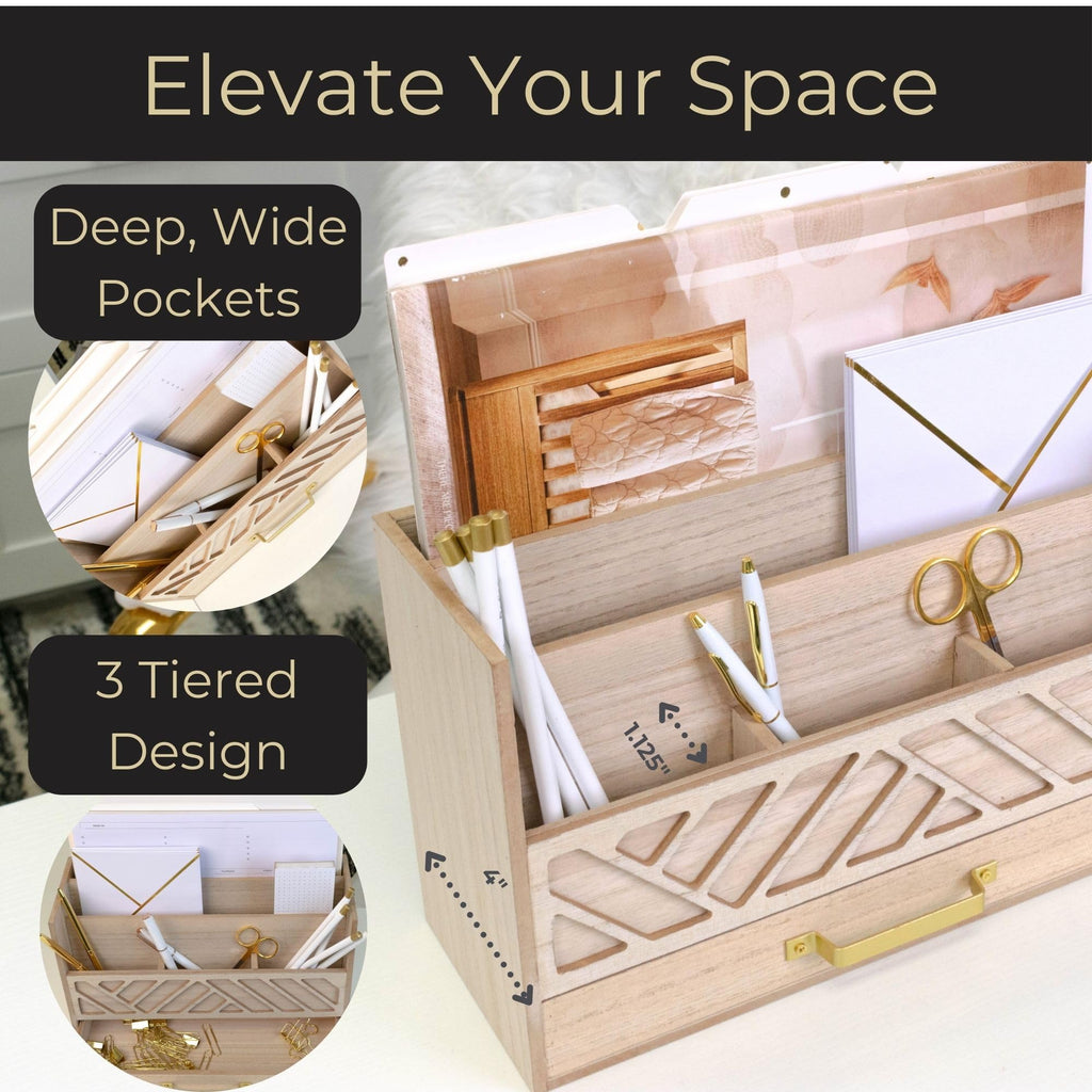 Grey Wooden Desk Organizer with Drawer - Home Office Organization & Mail Storage - Task & Tether