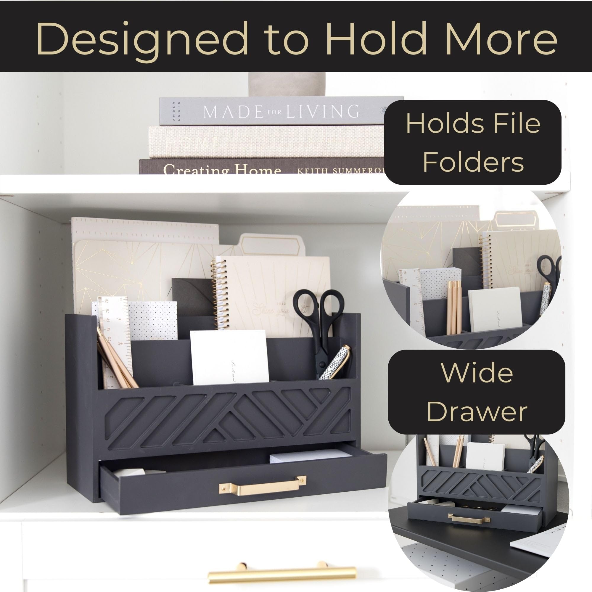 Grey Wooden Desk Organizer with Drawer - Home Office Organization & Mail Storage - Task & Tether