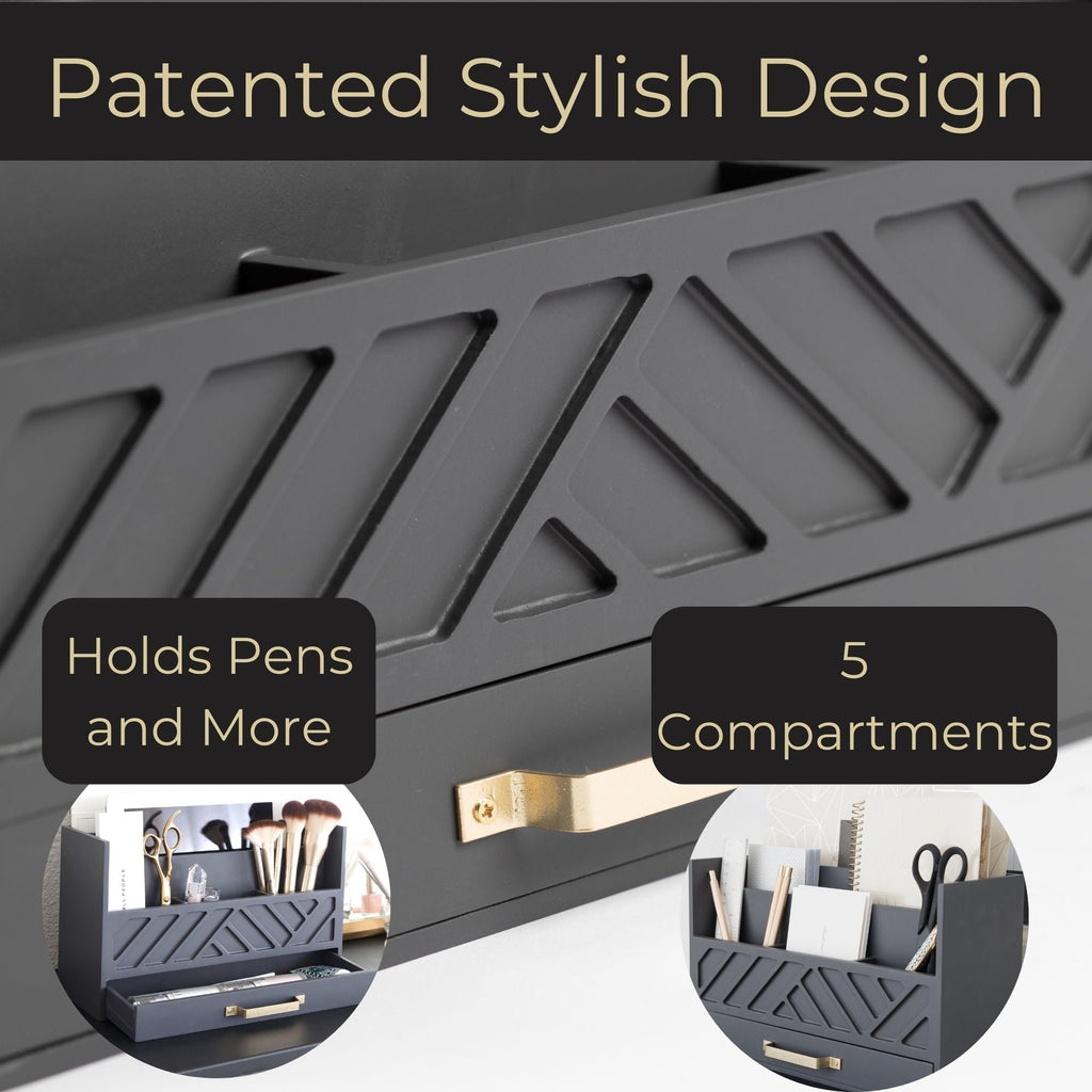 Grey Wooden Desk Organizer with Drawer - Home Office Organization & Mail Storage - Task & Tether