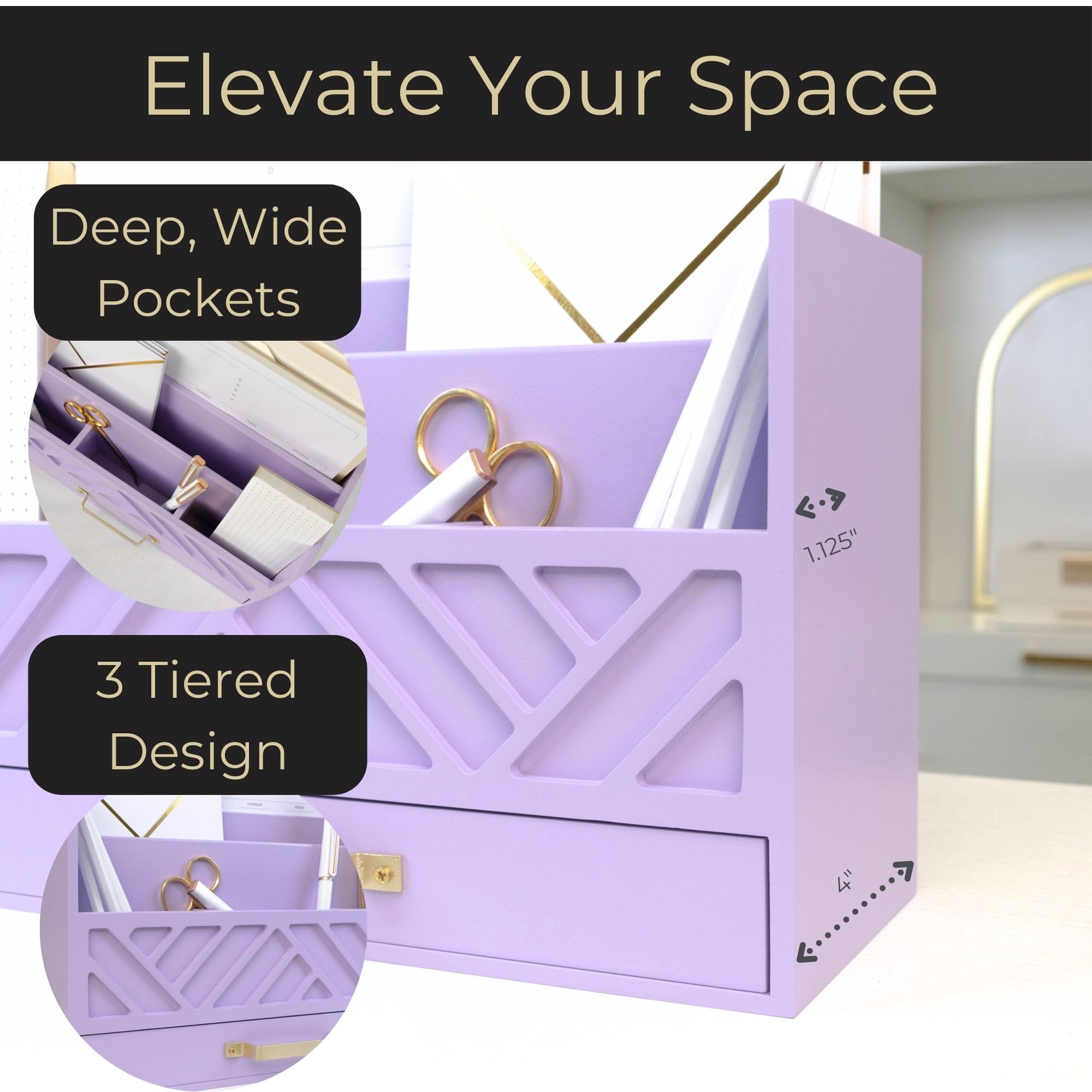 Grey Wooden Desk Organizer with Drawer - Home Office Organization & Mail Storage - Task & Tether