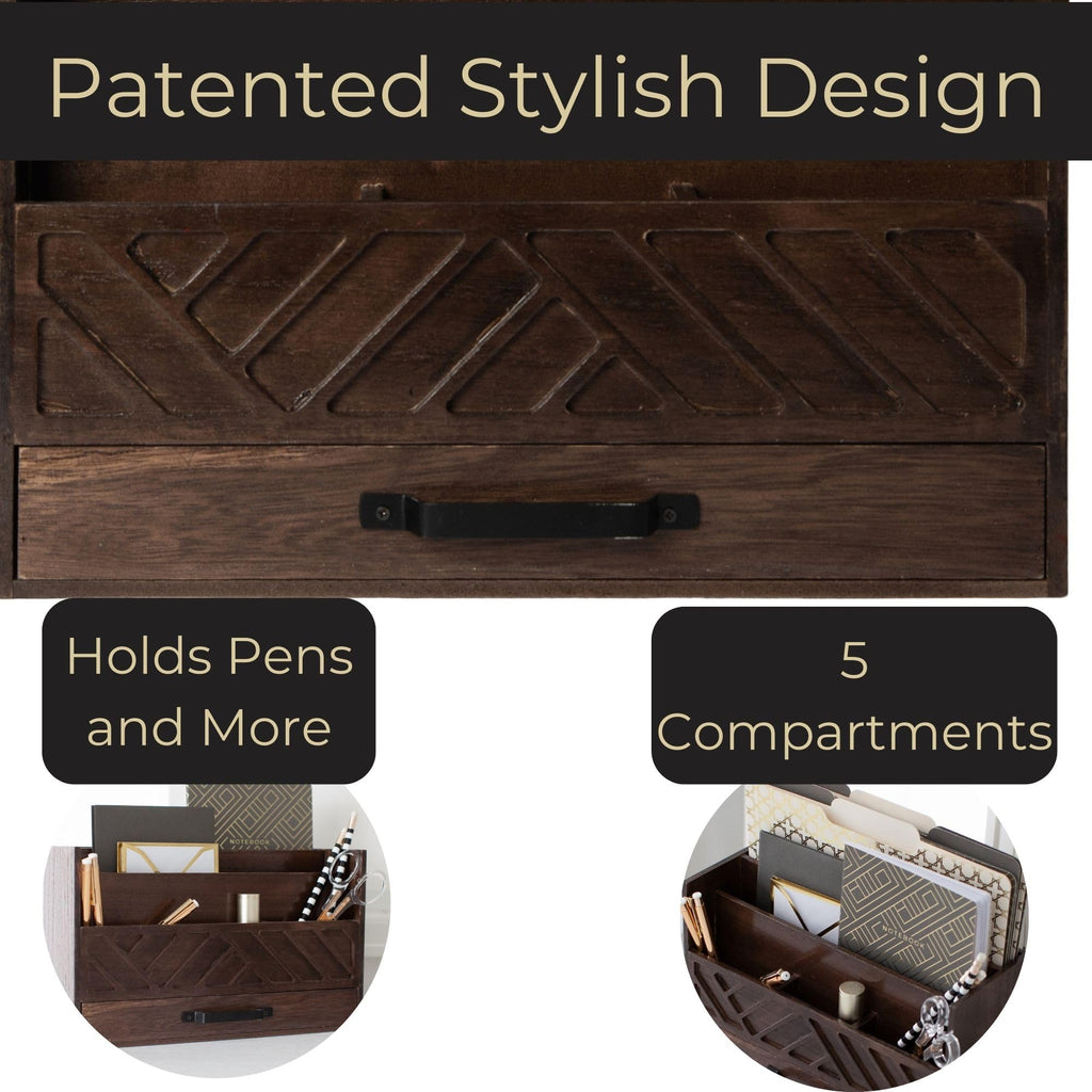 Grey Wooden Desk Organizer with Drawer - Home Office Organization & Mail Storage - Task & Tether