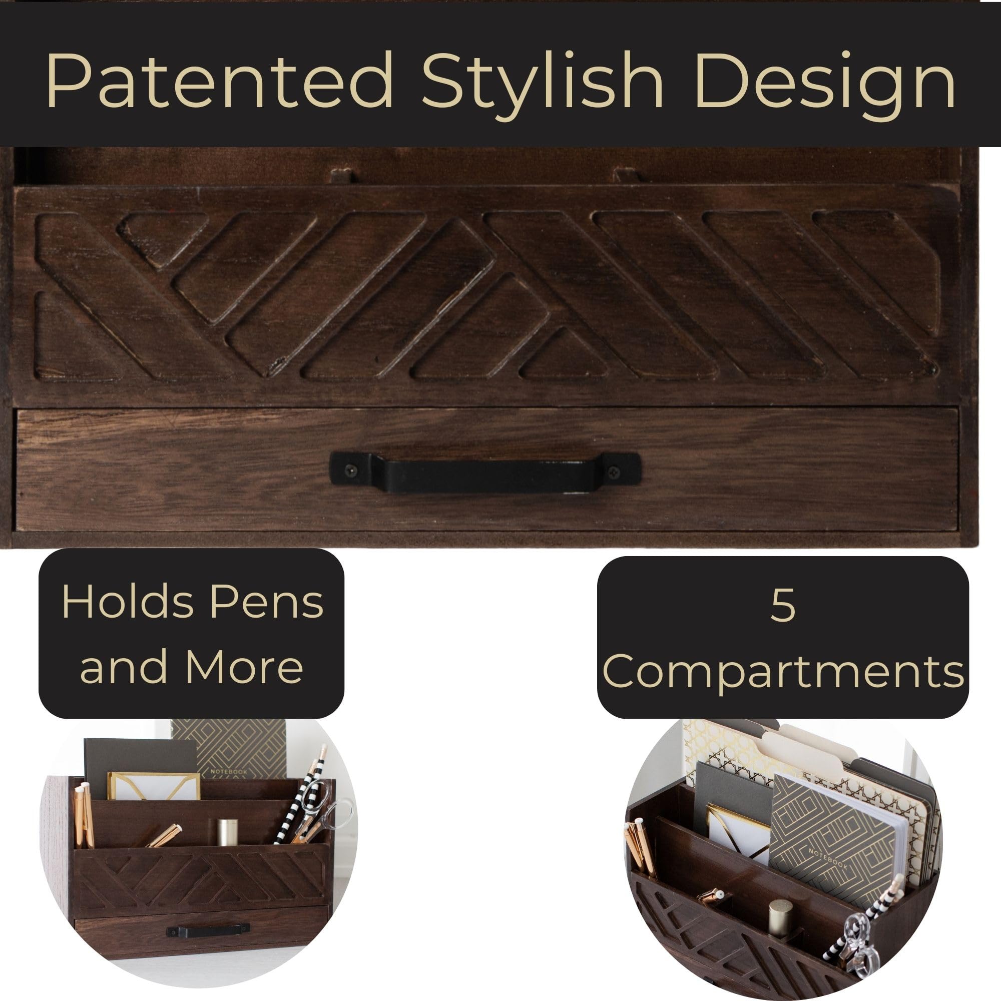 Grey Wooden Desk Organizer with Drawer - Home Office Organization & Mail Storage - Task & Tether