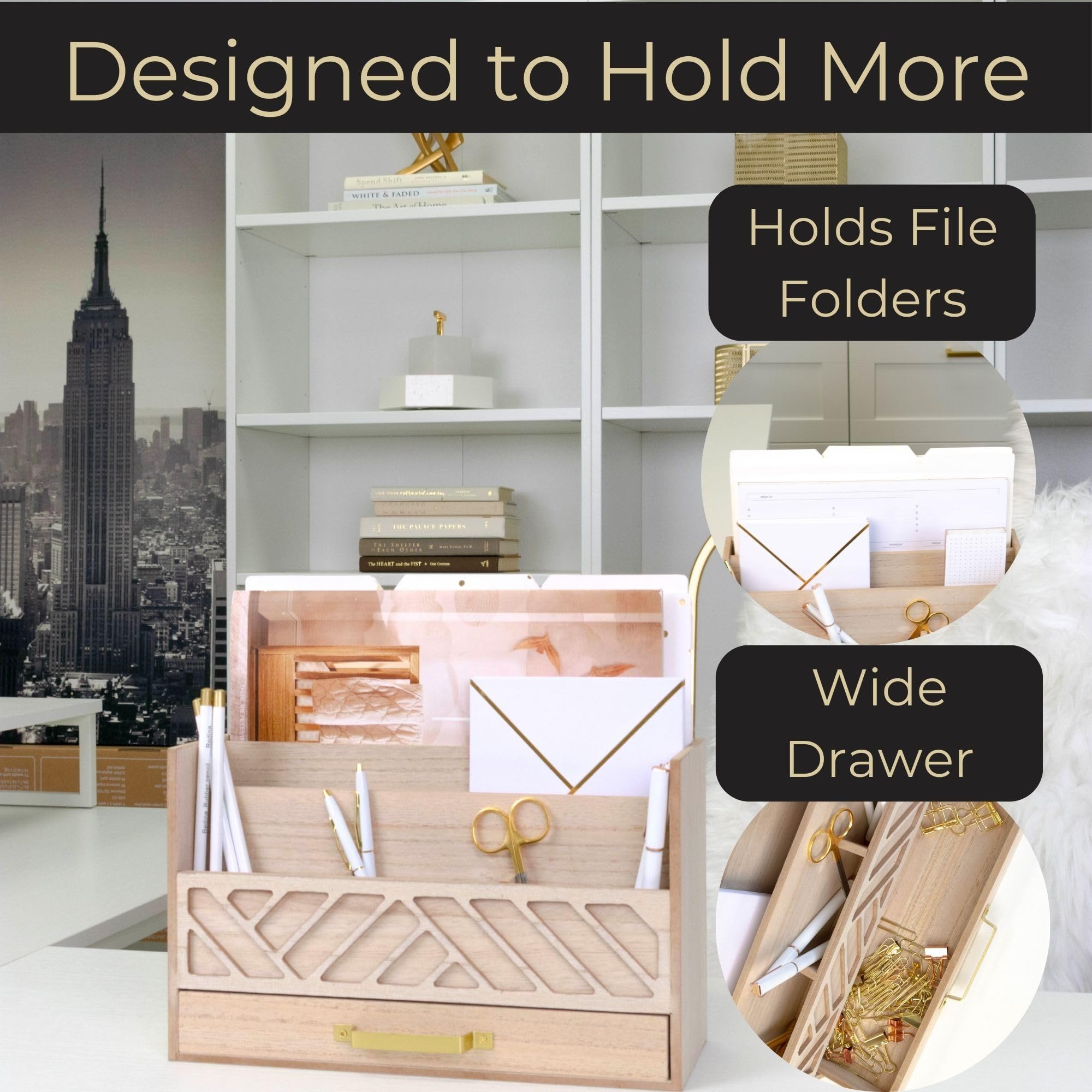 Grey Wooden Desk Organizer with Drawer - Home Office Organization & Mail Storage - Task & Tether