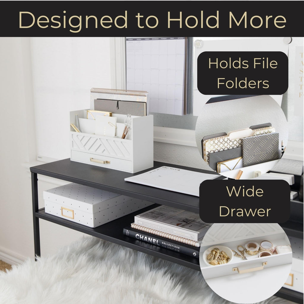 Grey Wooden Desk Organizer with Drawer - Home Office Organization & Mail Storage - Task & Tether