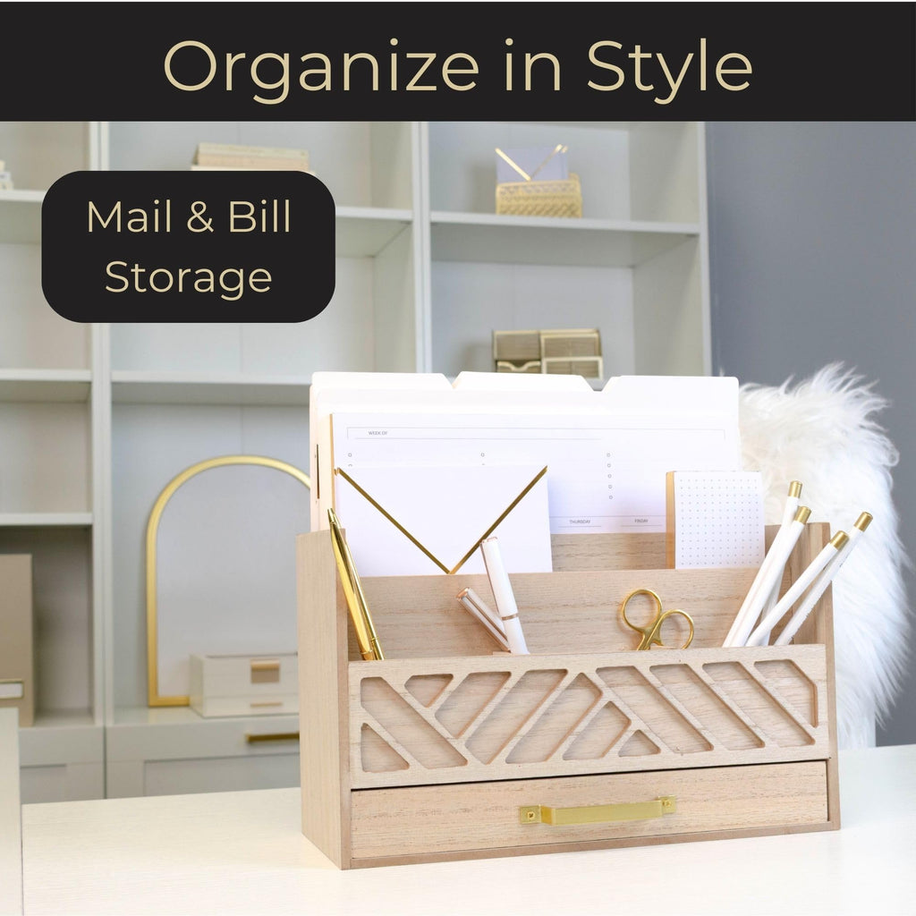 Grey Wooden Desk Organizer with Drawer - Home Office Organization & Mail Storage - Task & Tether