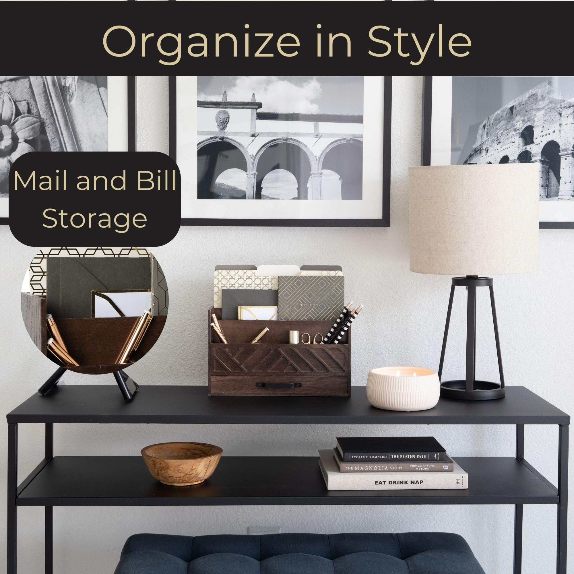 Grey Wooden Desk Organizer with Drawer - Home Office Organization & Mail Storage - Task & Tether