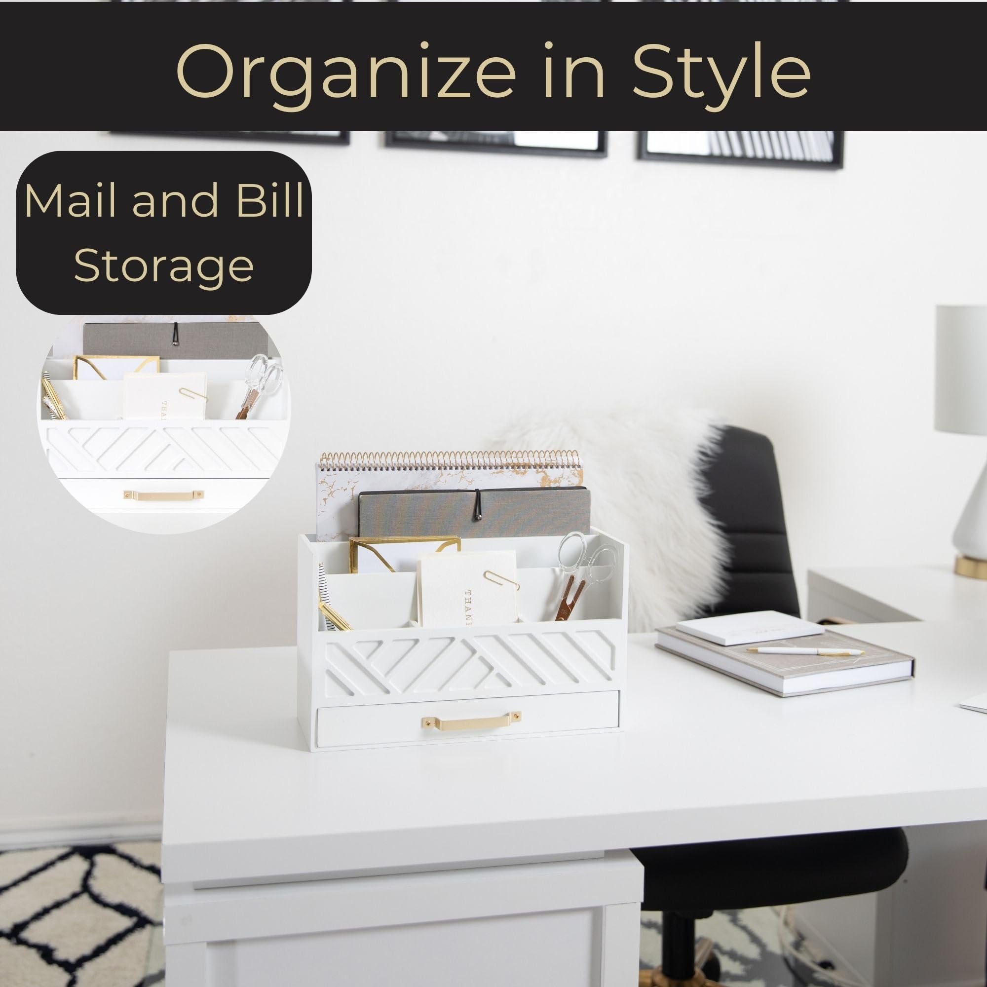 Grey Wooden Desk Organizer with Drawer - Home Office Organization & Mail Storage - Task & Tether