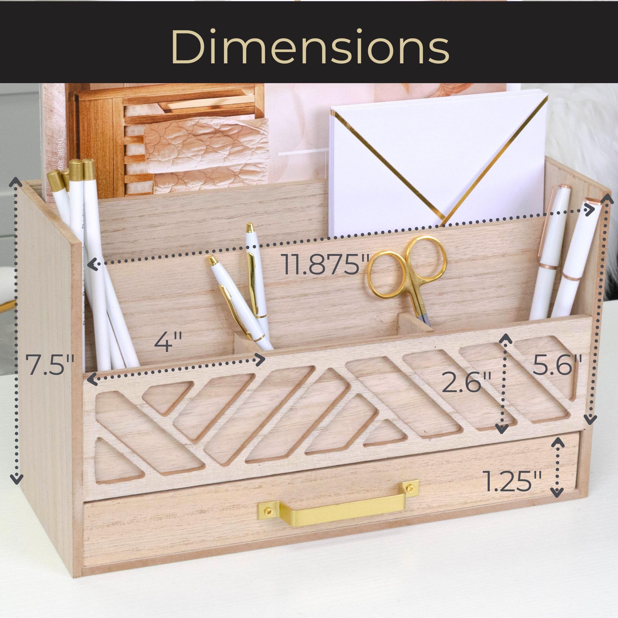 Grey Wooden Desk Organizer with Drawer - Home Office Organization & Mail Storage - Task & Tether