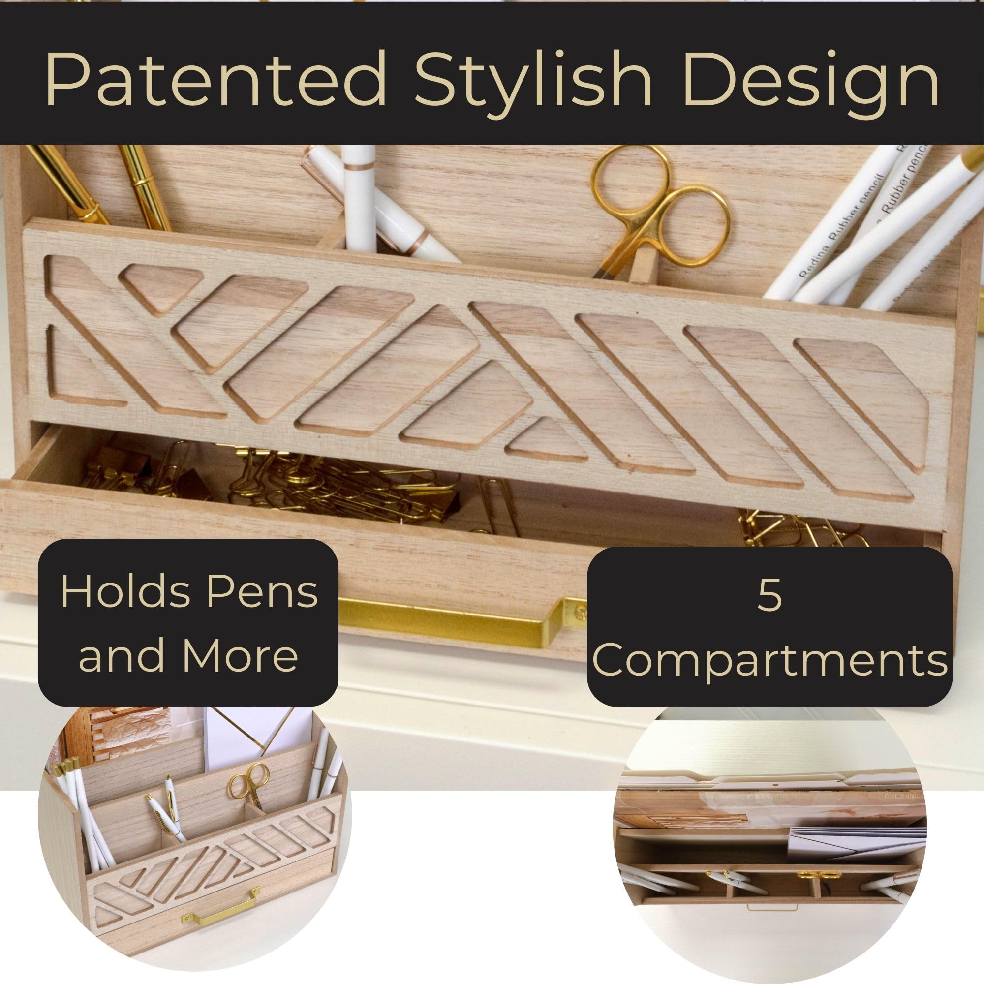 Grey Wooden Desk Organizer with Drawer - Home Office Organization & Mail Storage - Task & Tether