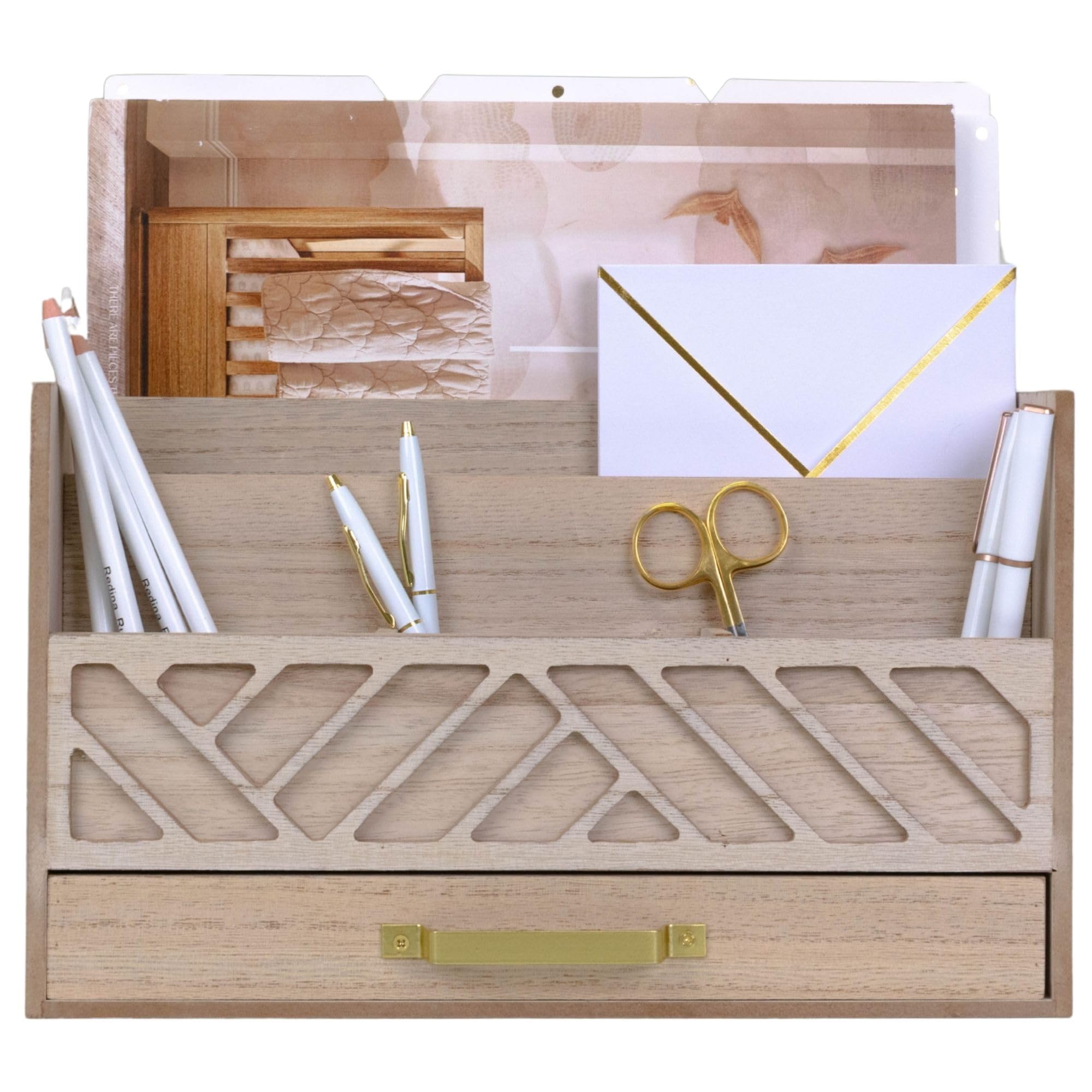 Grey Wooden Desk Organizer with Drawer - Home Office Organization & Mail Storage - Task & Tether