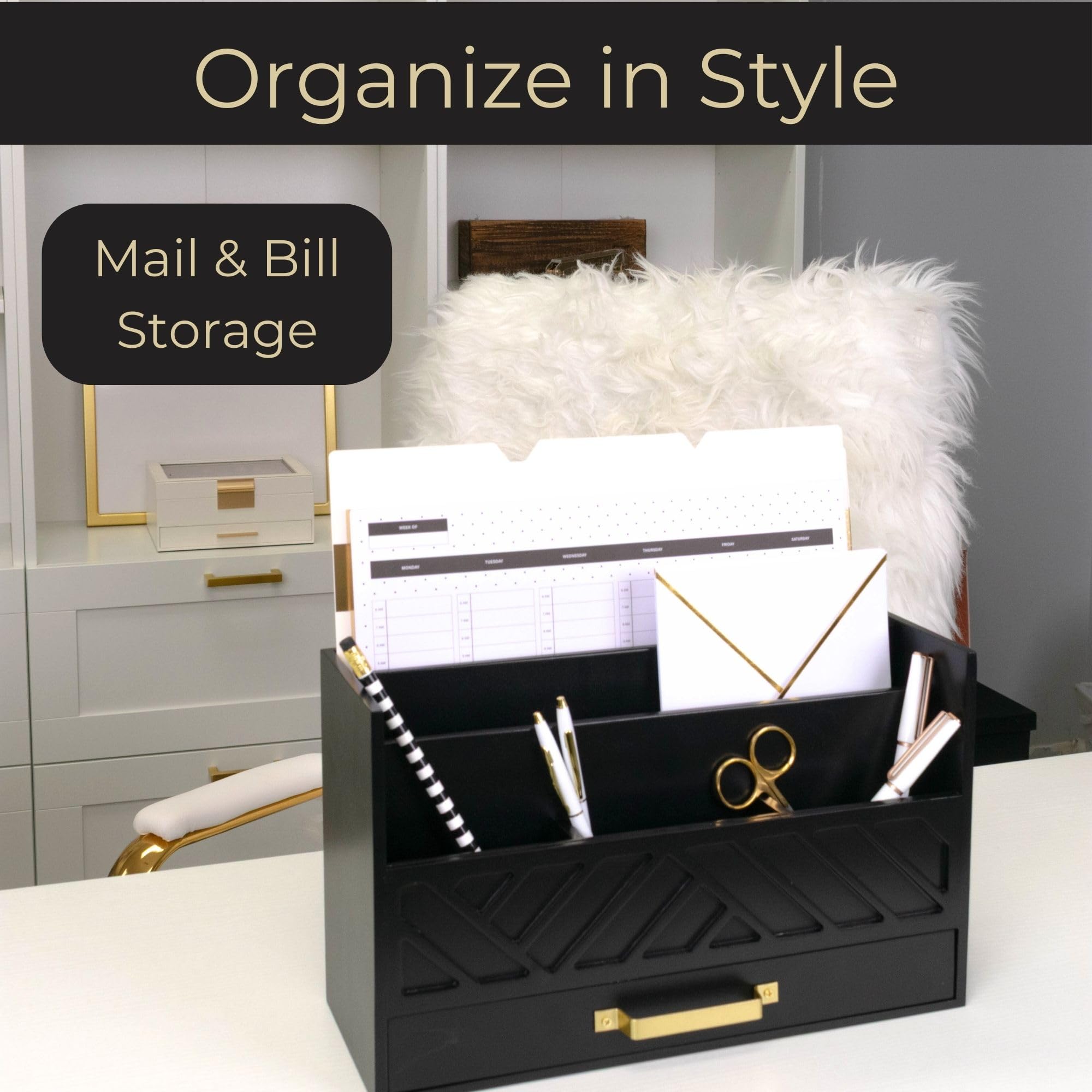 Grey Wooden Desk Organizer with Drawer - Home Office Organization & Mail Storage - Task & Tether