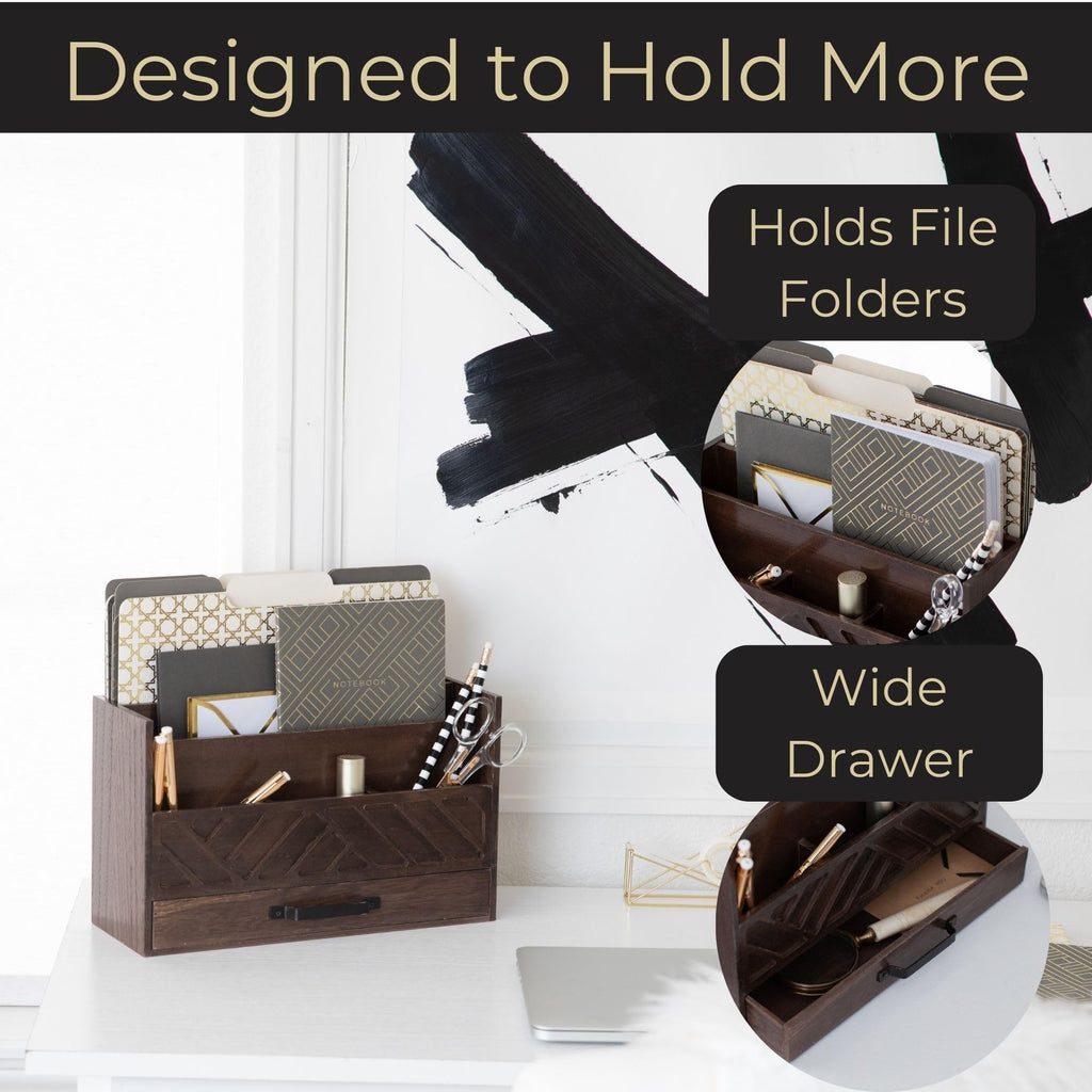 Grey Wooden Desk Organizer with Drawer - Home Office Organization & Mail Storage - Task & Tether