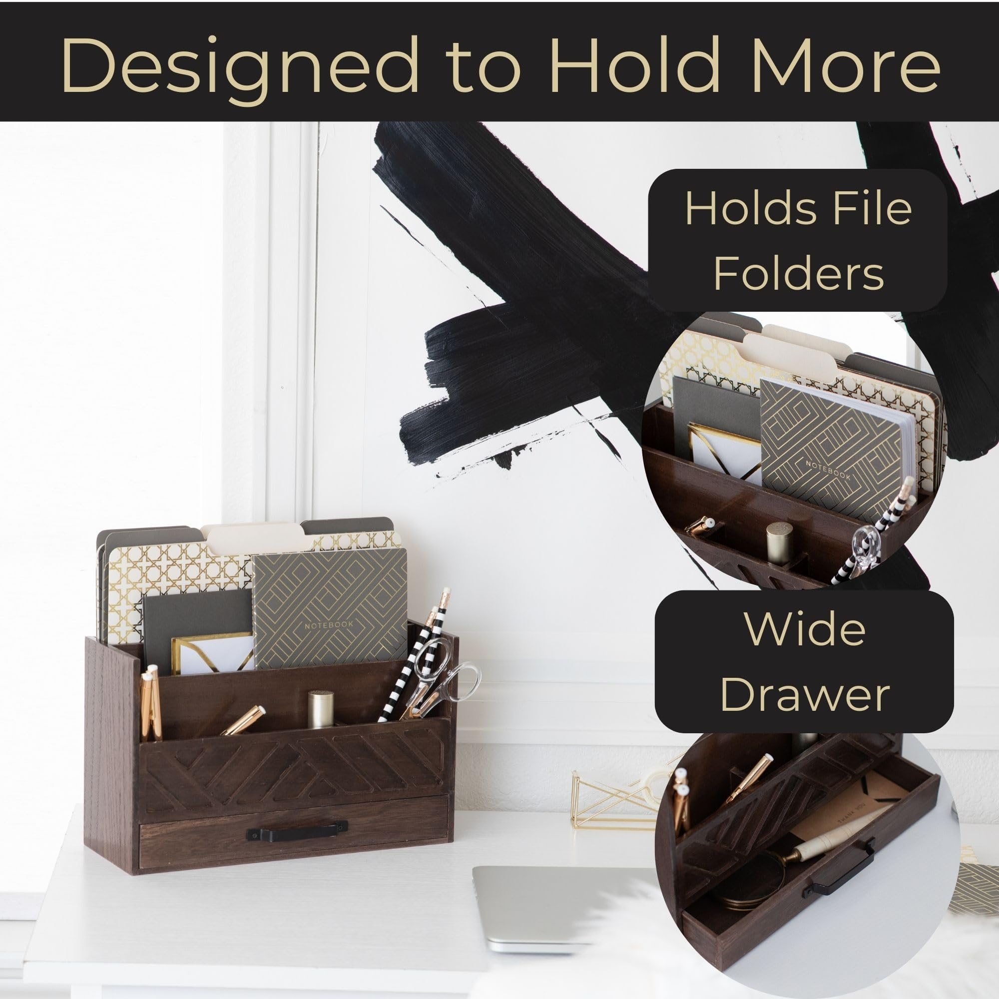 Grey Wooden Desk Organizer with Drawer - Home Office Organization & Mail Storage - Task & Tether