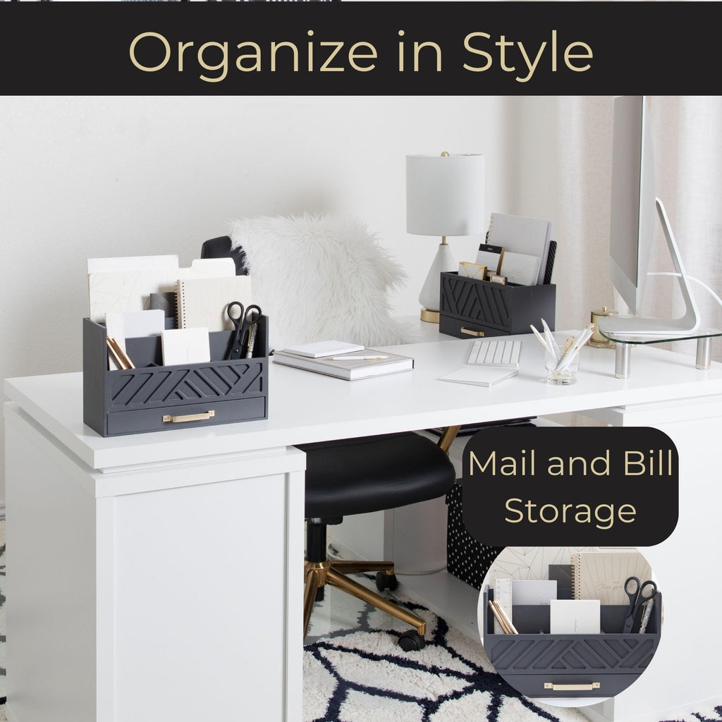 Grey Wooden Desk Organizer with Drawer - Home Office Organization & Mail Storage - Task & Tether
