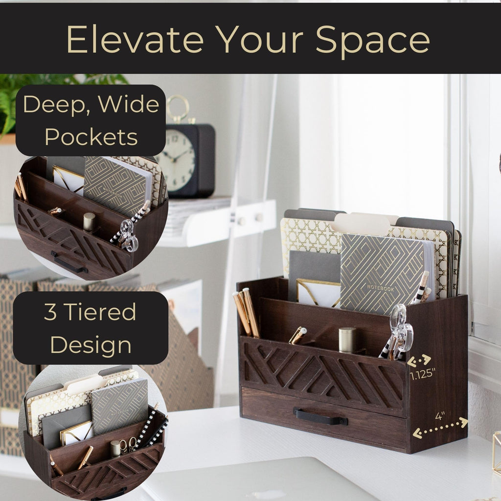 Grey Wooden Desk Organizer with Drawer - Home Office Organization & Mail Storage - Task & Tether