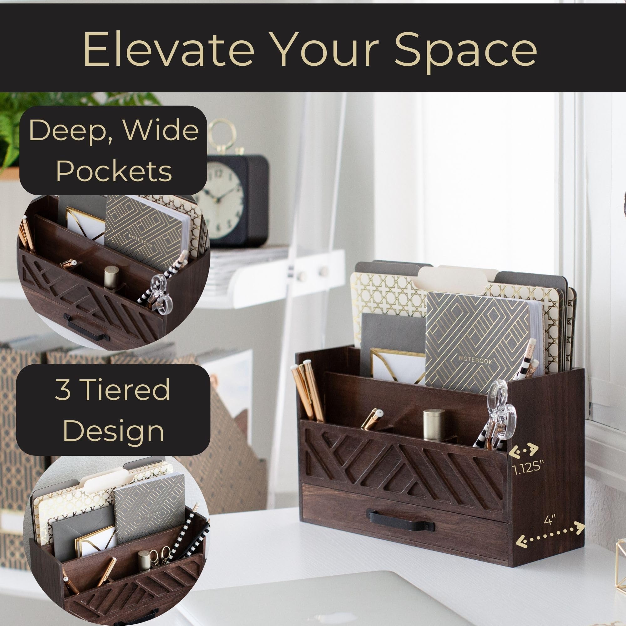 Grey Wooden Desk Organizer with Drawer - Home Office Organization & Mail Storage - Task & Tether