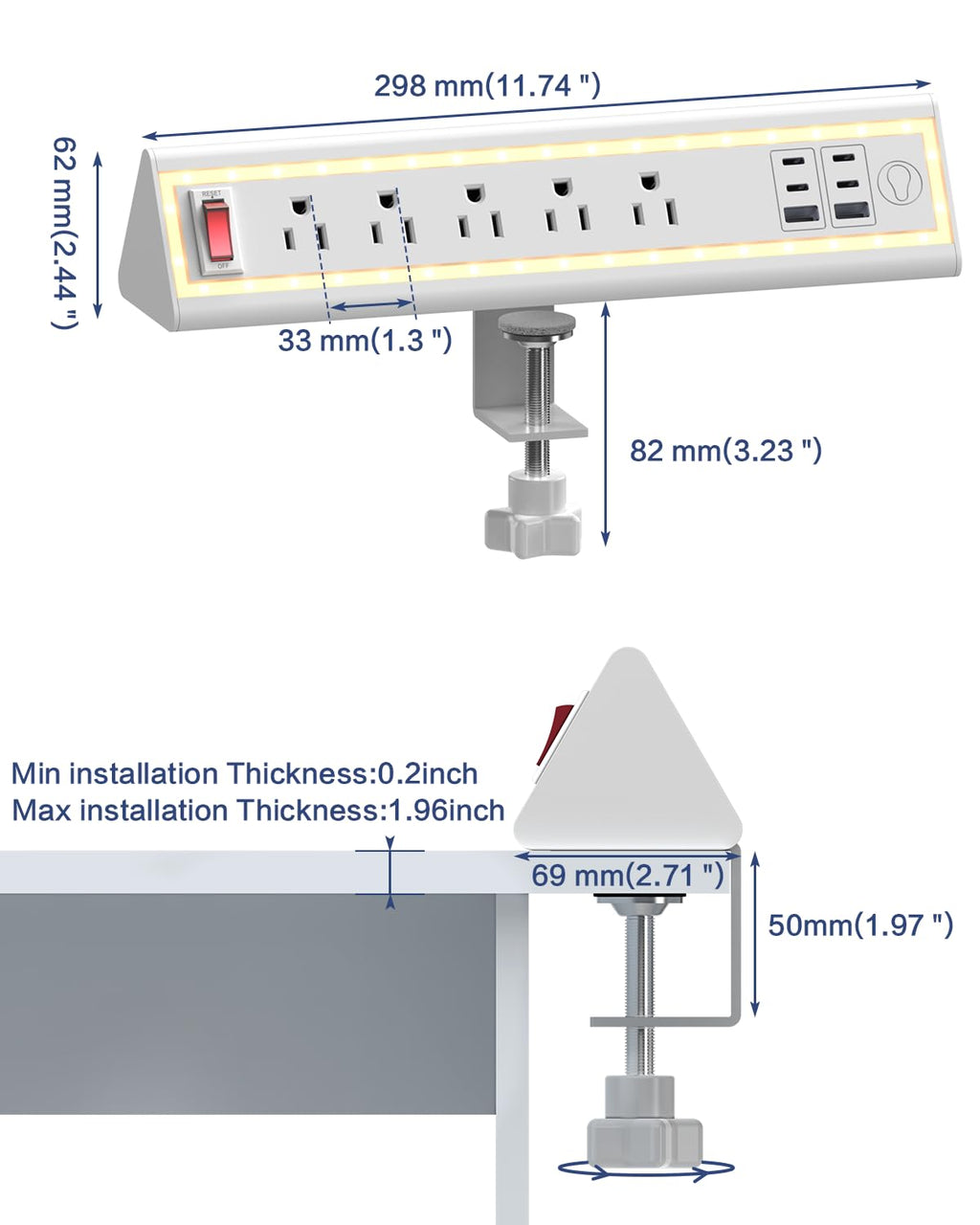 Nightlight Fast Charging Desk Clamp Power Strip with 6FT Cord - Task & Tether