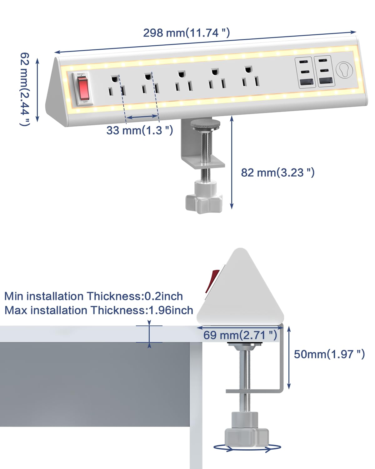 Nightlight Fast Charging Desk Clamp Power Strip with 6FT Cord - Task & Tether