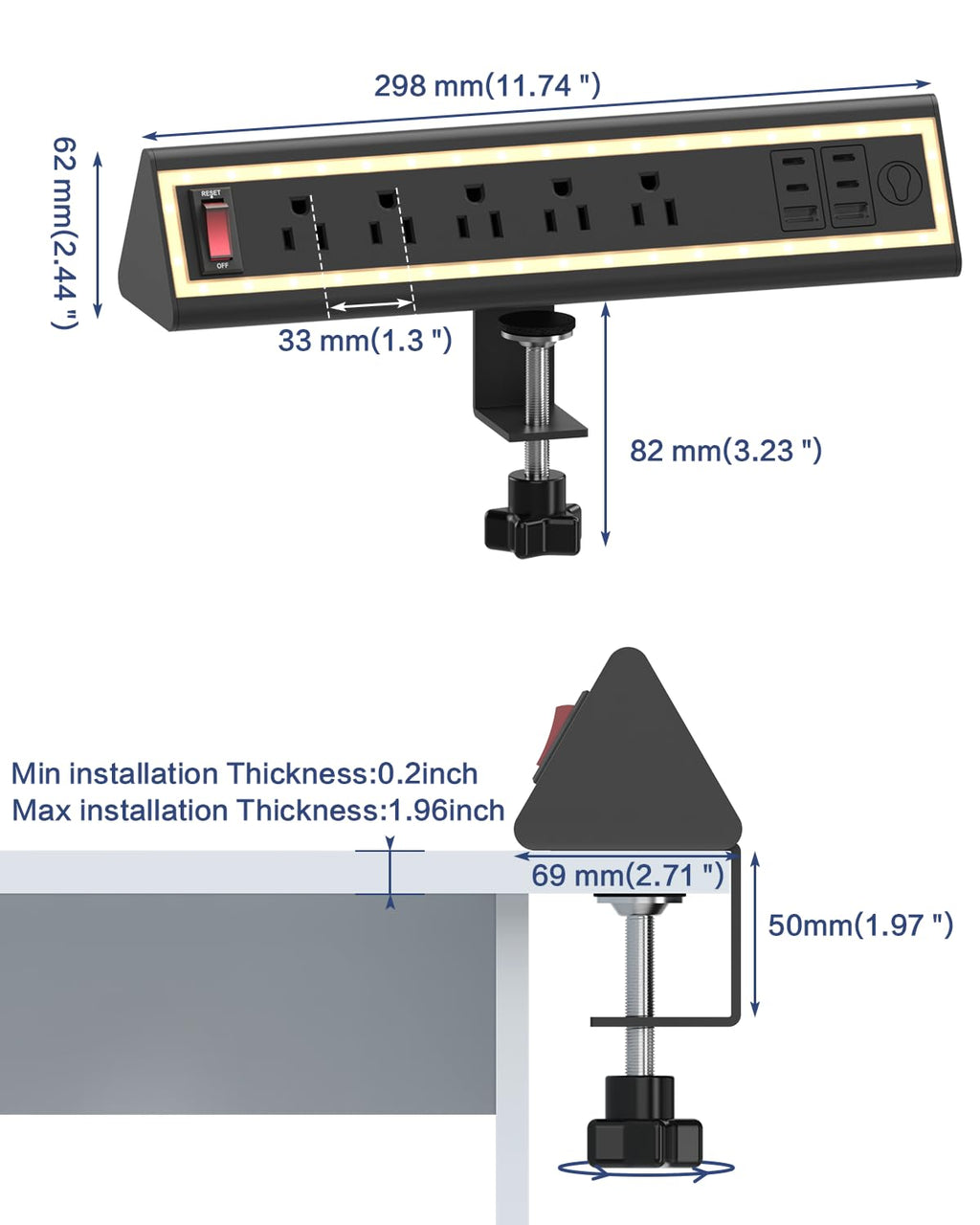 Nightlight Fast Charging Desk Clamp Power Strip with 6FT Cord - Task & Tether