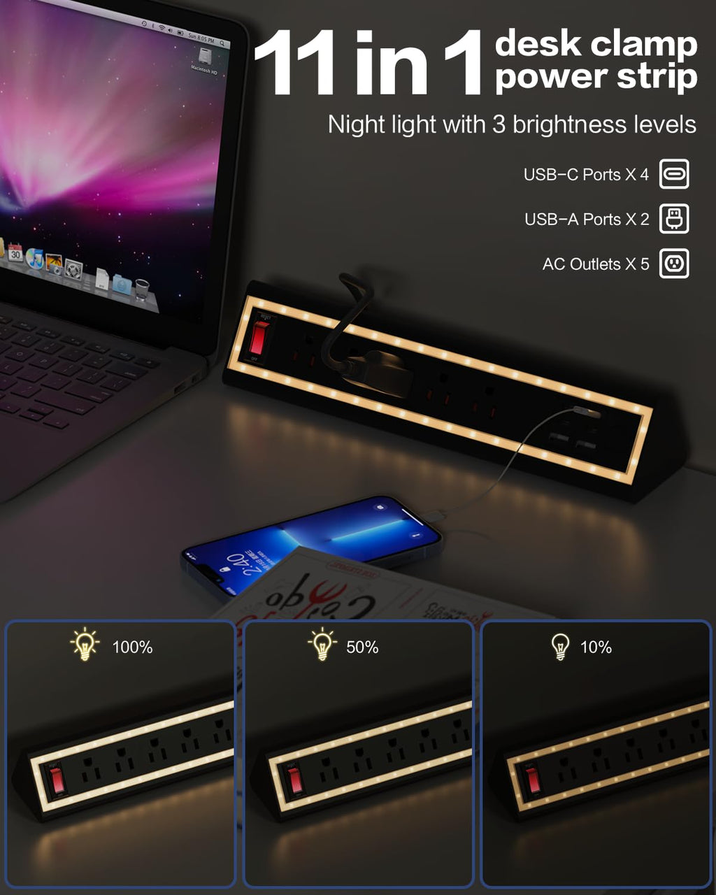 Nightlight Fast Charging Desk Clamp Power Strip with 6FT Cord - Task & Tether