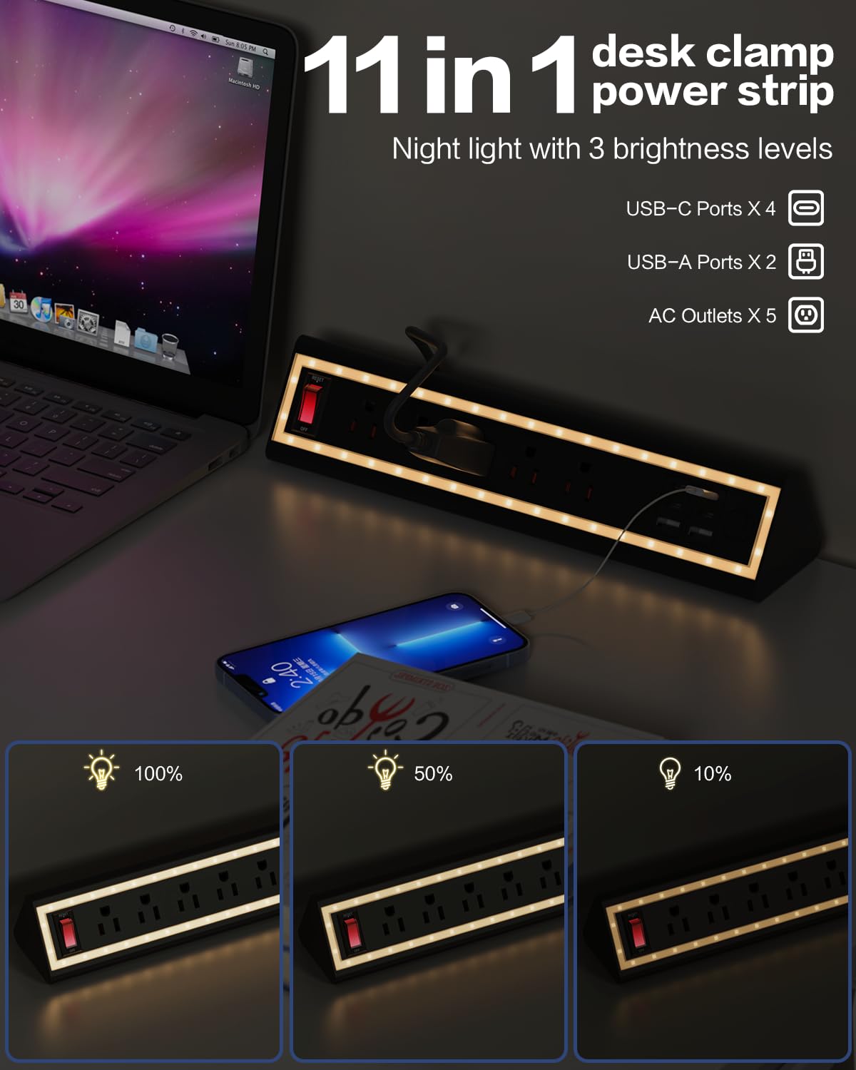 Nightlight Fast Charging Desk Clamp Power Strip with 6FT Cord - Task & Tether