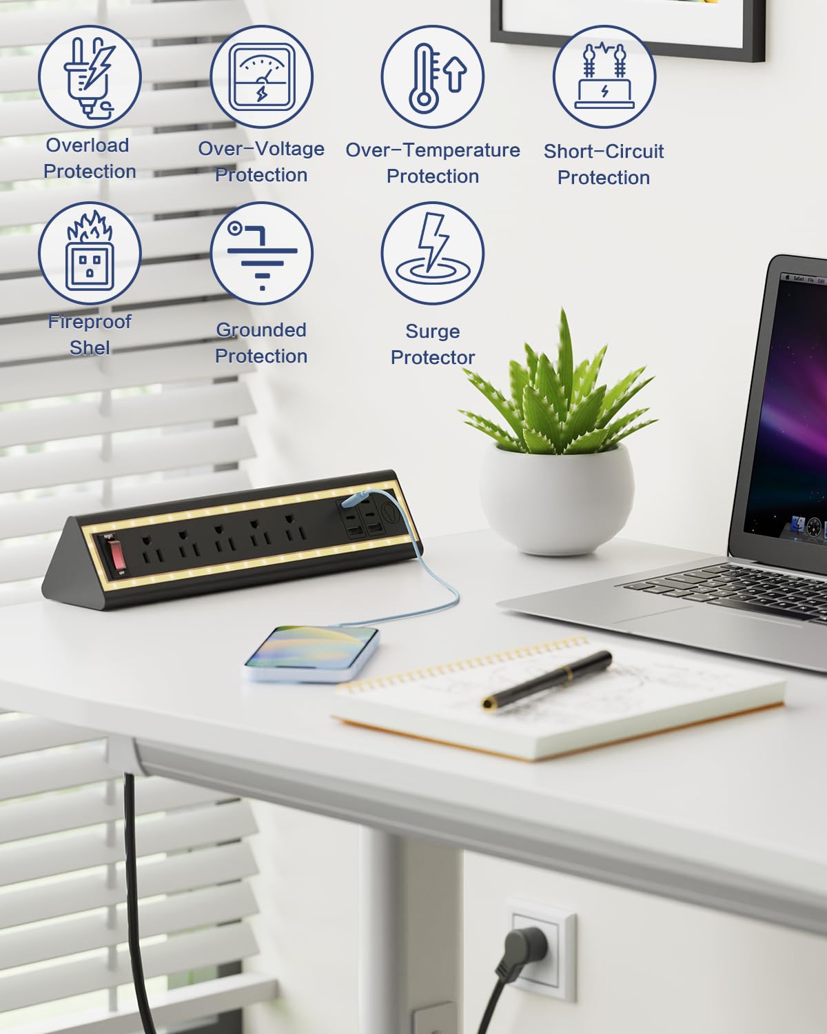 Nightlight Fast Charging Desk Clamp Power Strip with 6FT Cord - Task & Tether