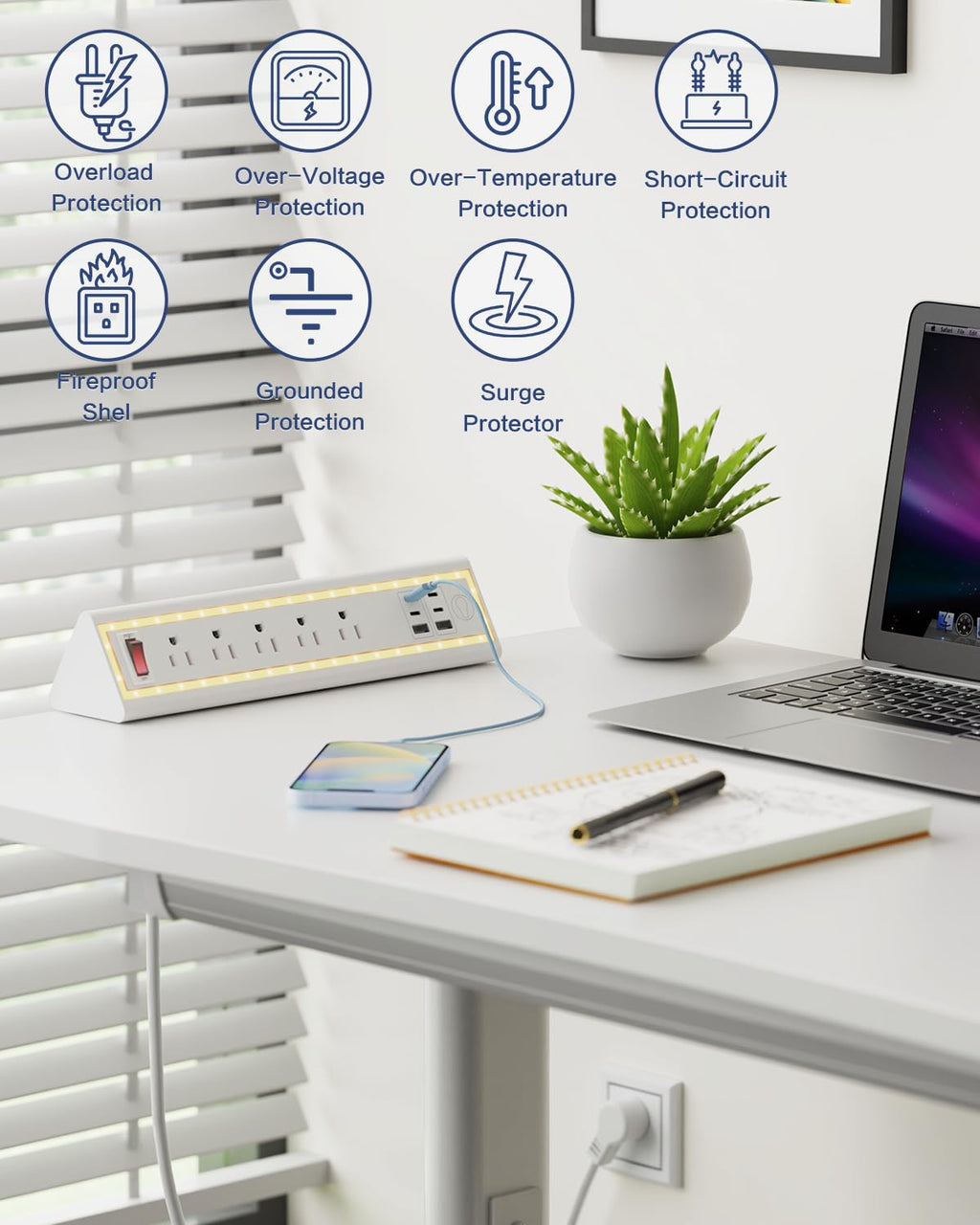 Nightlight Fast Charging Desk Clamp Power Strip with 6FT Cord - Task & Tether