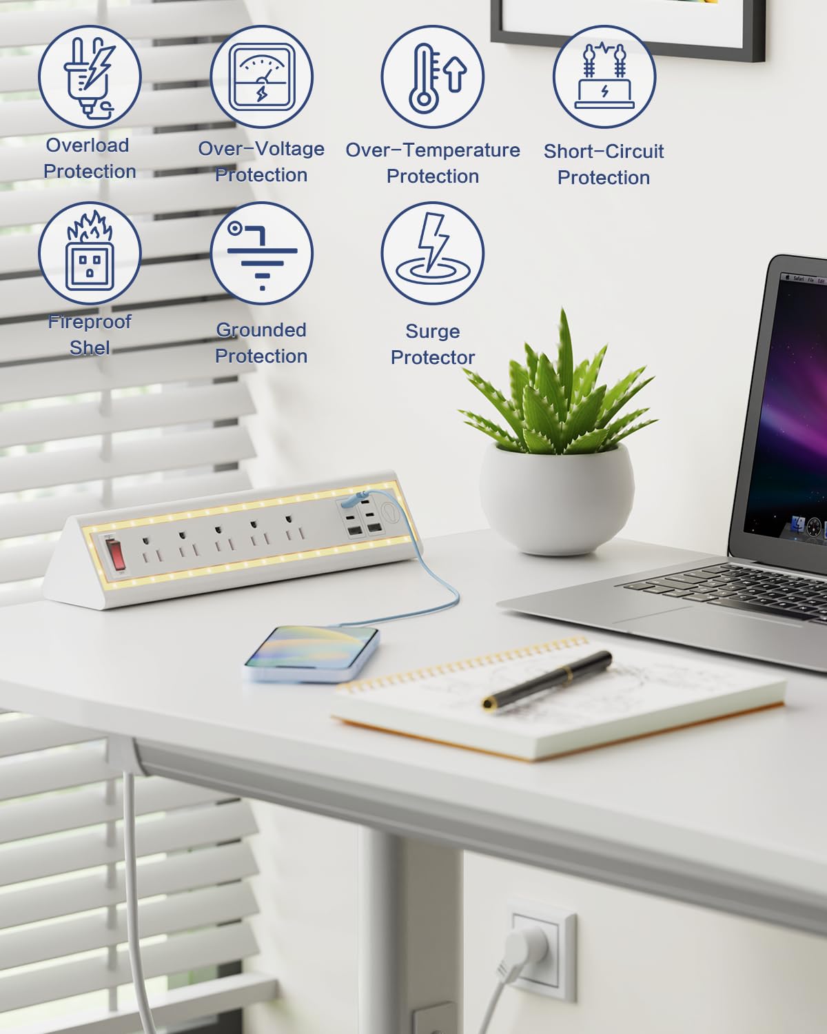 Nightlight Fast Charging Desk Clamp Power Strip with 6FT Cord - Task & Tether