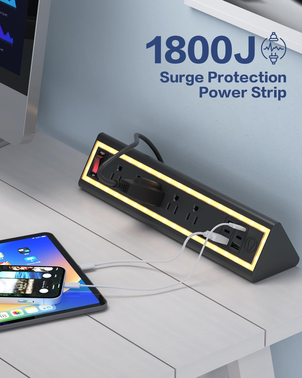 Nightlight Fast Charging Desk Clamp Power Strip with 6FT Cord - Task & Tether