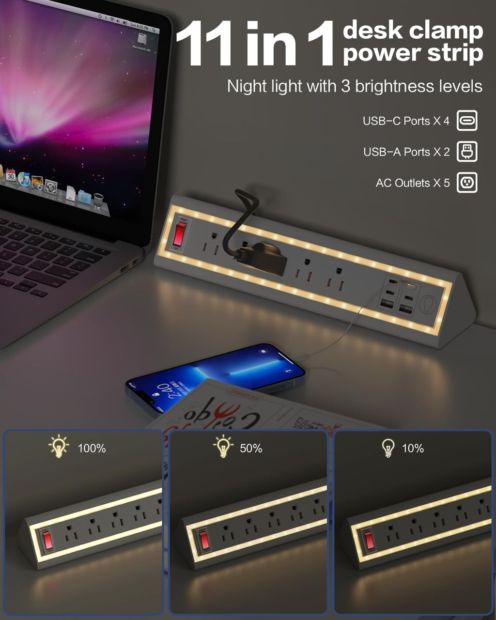 Nightlight Fast Charging Desk Clamp Power Strip with 6FT Cord - Task & Tether