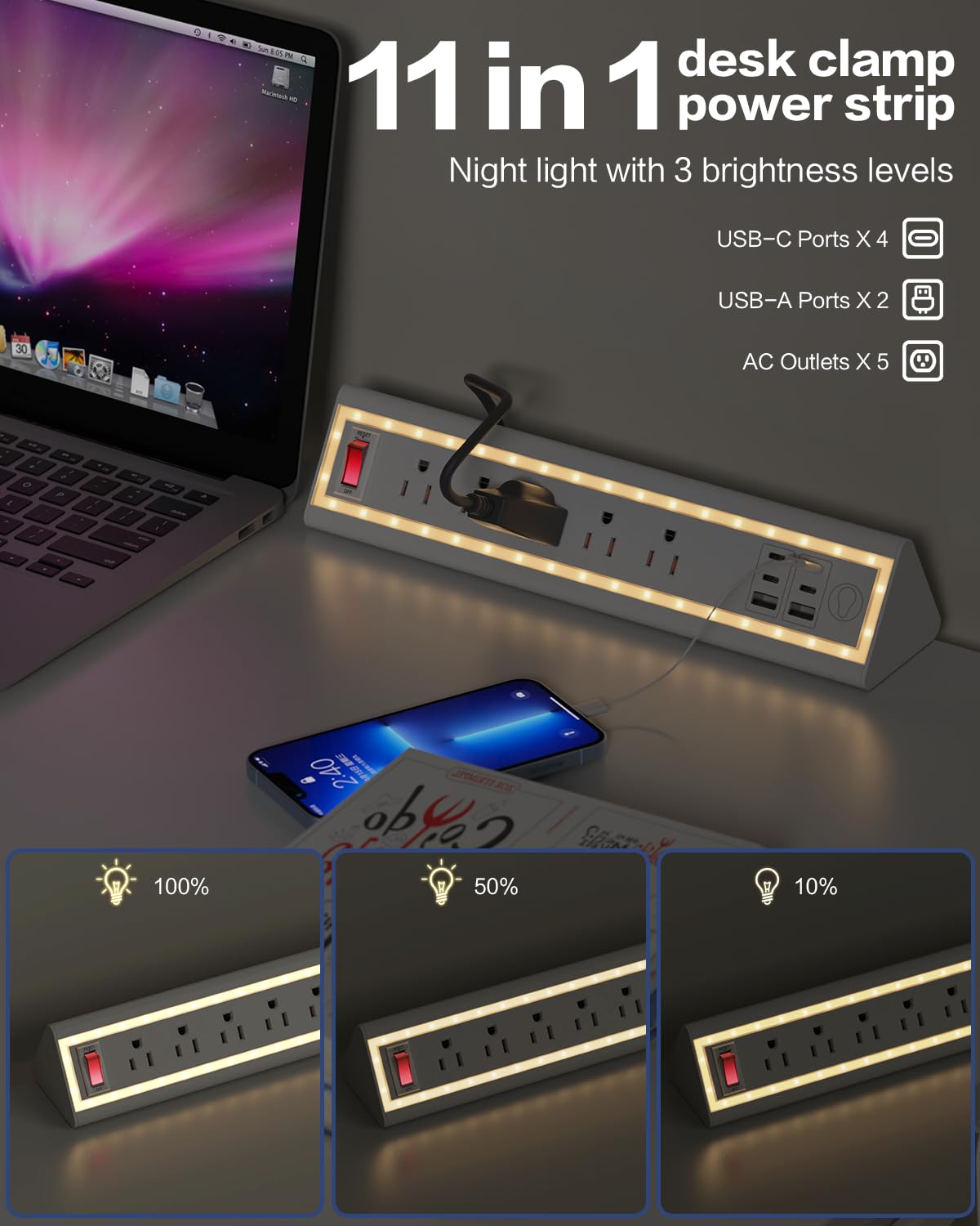 Nightlight Fast Charging Desk Clamp Power Strip with 6FT Cord - Task & Tether