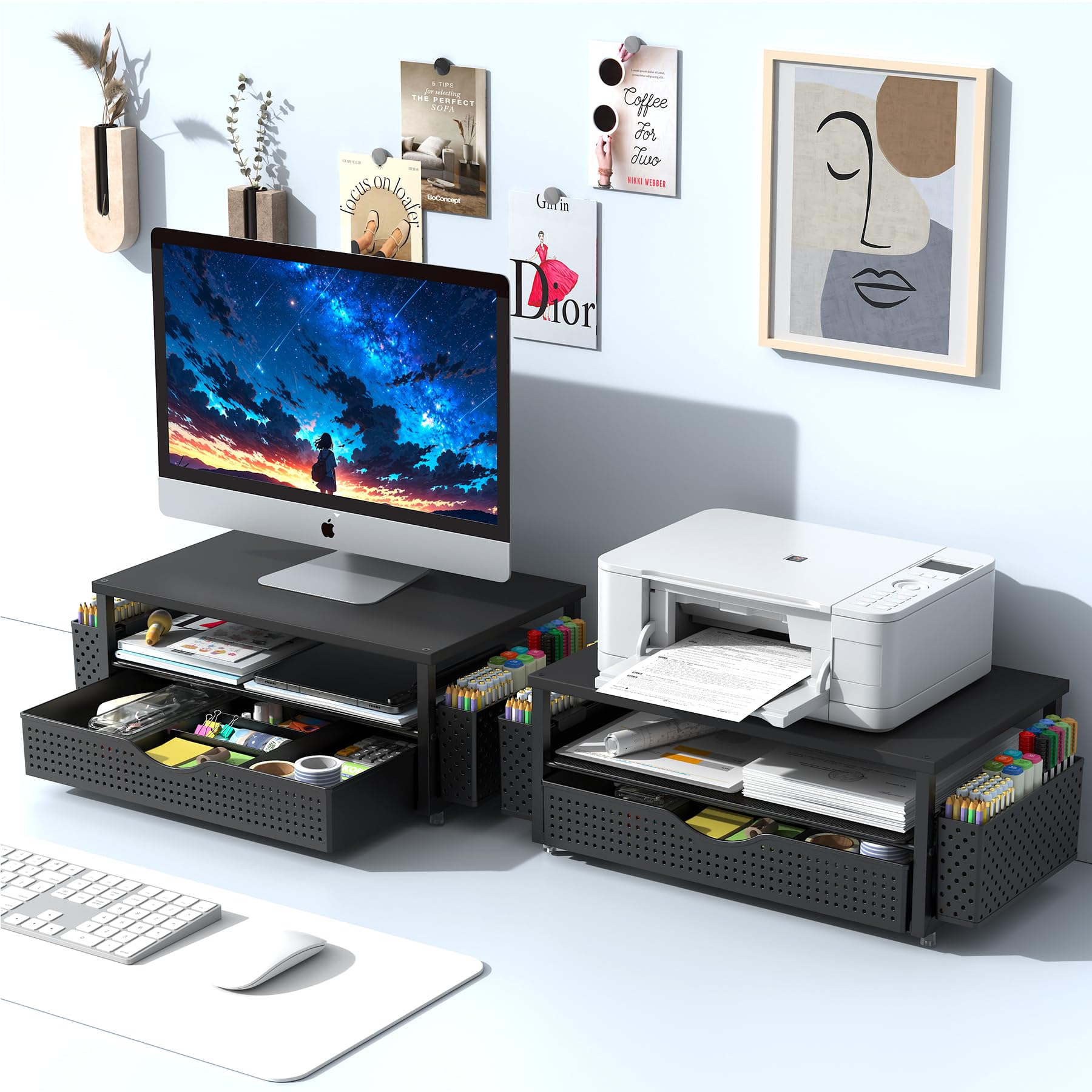 Black Desk Organizer with Monitor Stand Riser & Drawer - Office Workspace Accessories - Task & Tether