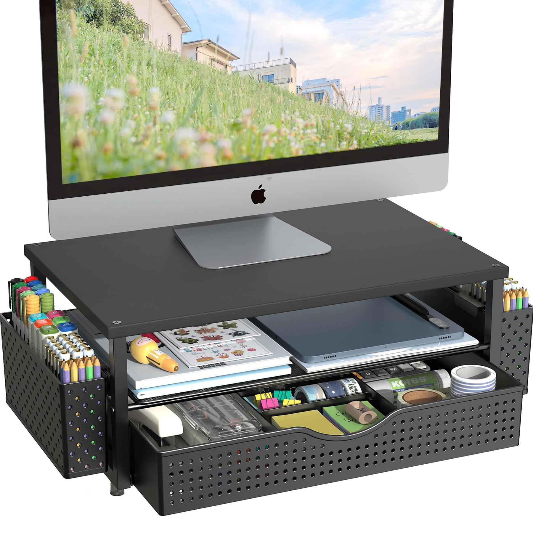 Black Desk Organizer with Monitor Stand Riser & Drawer - Office Workspace Accessories - Task & Tether