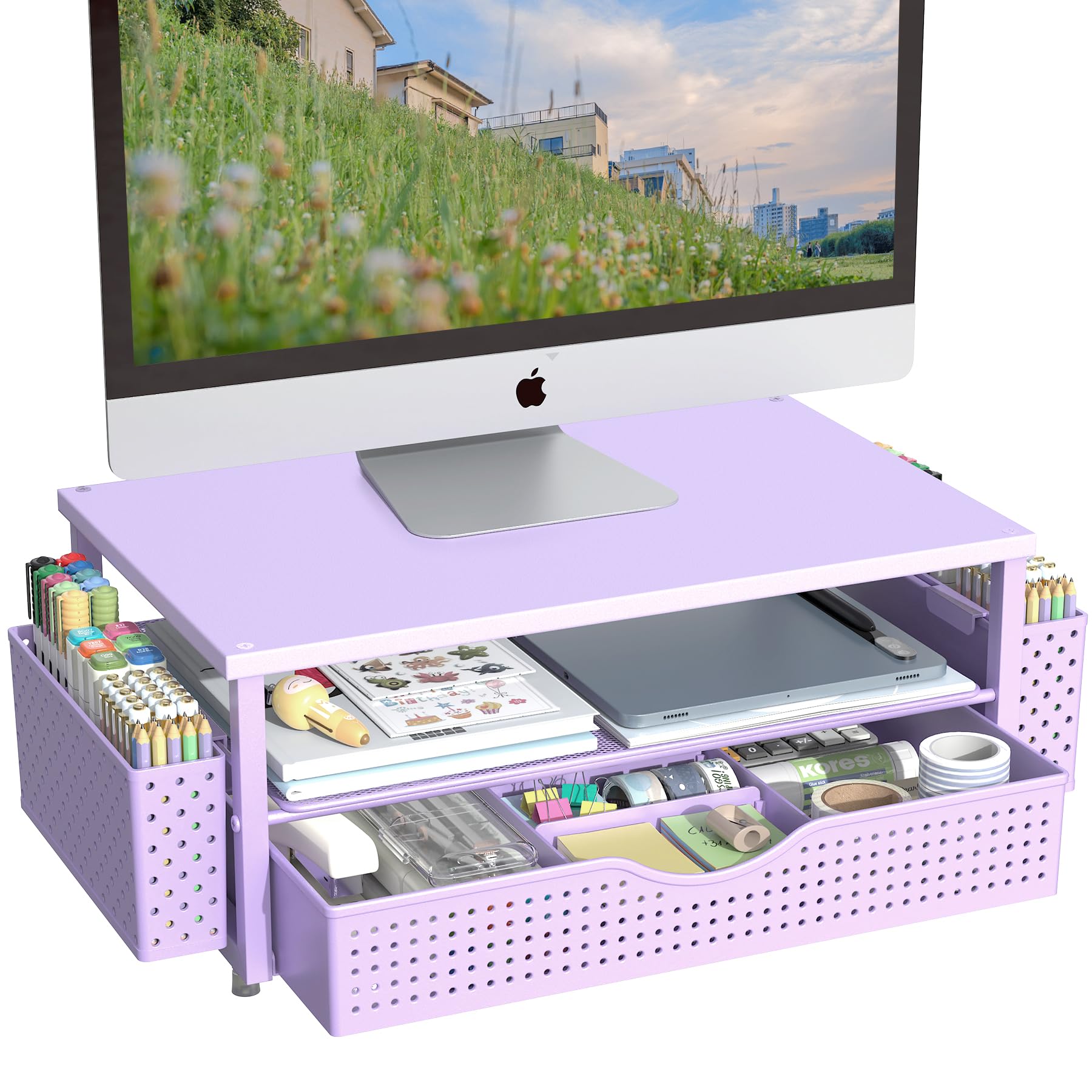 Black Desk Organizer with Monitor Stand Riser & Drawer - Office Workspace Accessories - Task & Tether