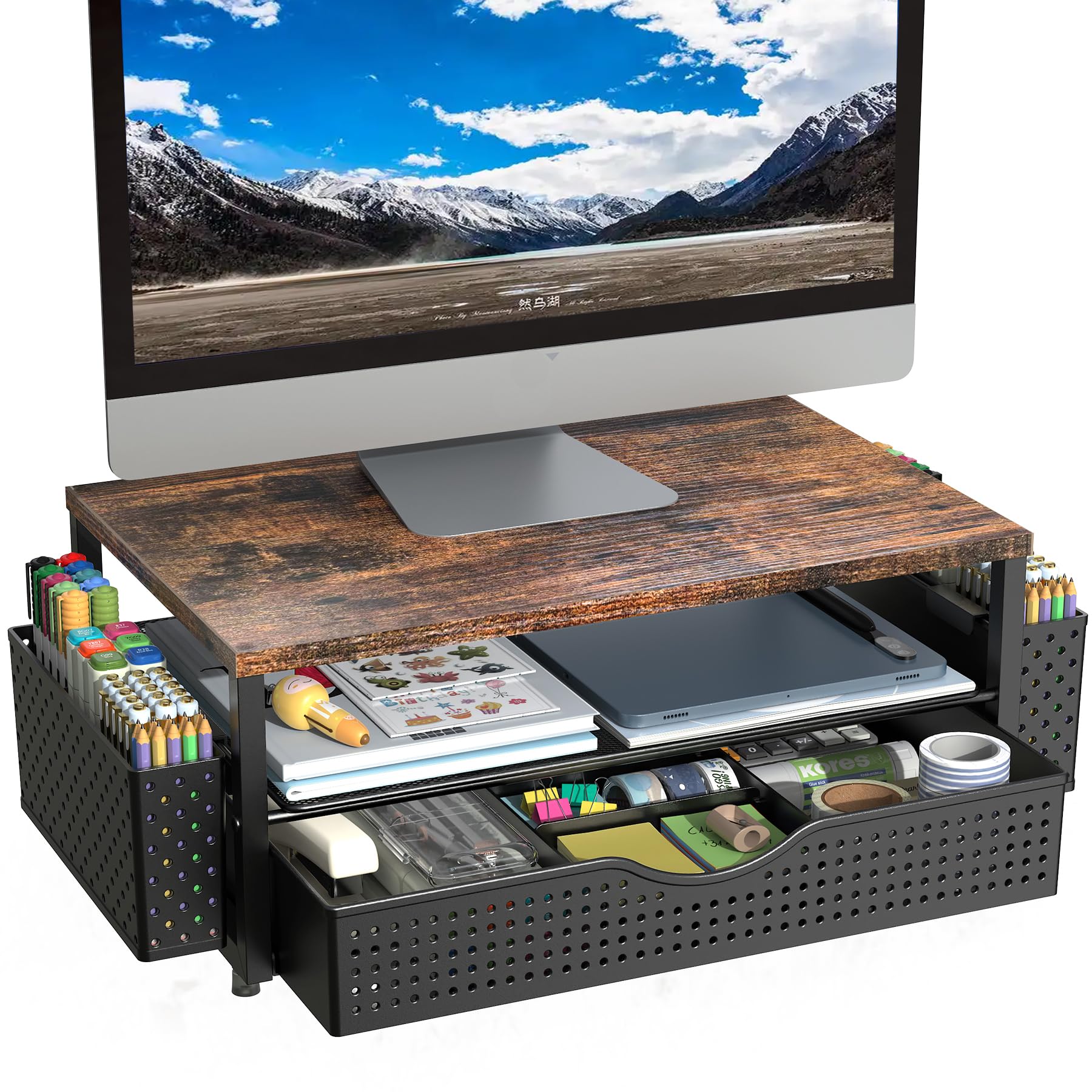 Black Desk Organizer with Monitor Stand Riser & Drawer - Office Workspace Accessories - Task & Tether