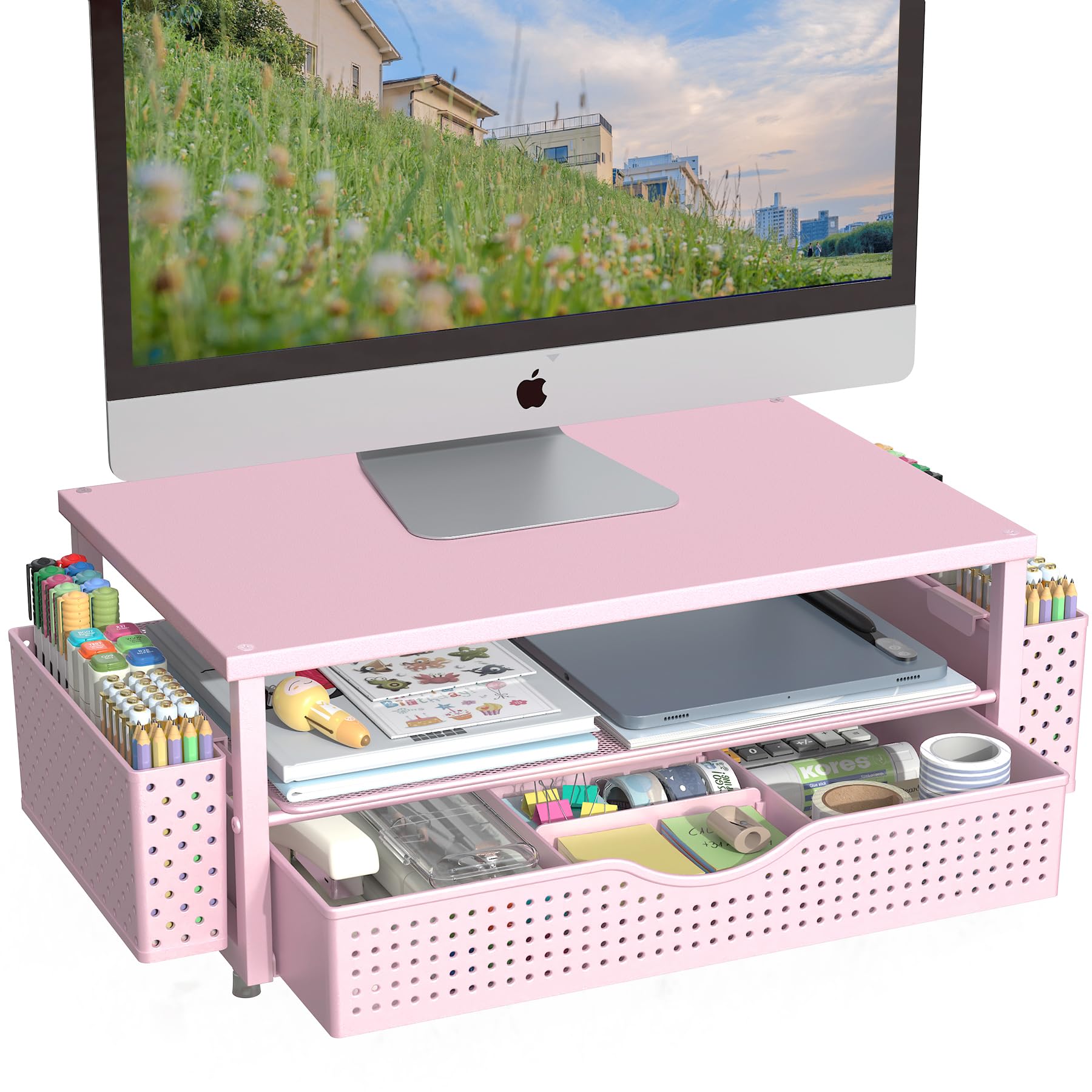 Black Desk Organizer with Monitor Stand Riser & Drawer - Office Workspace Accessories - Task & Tether