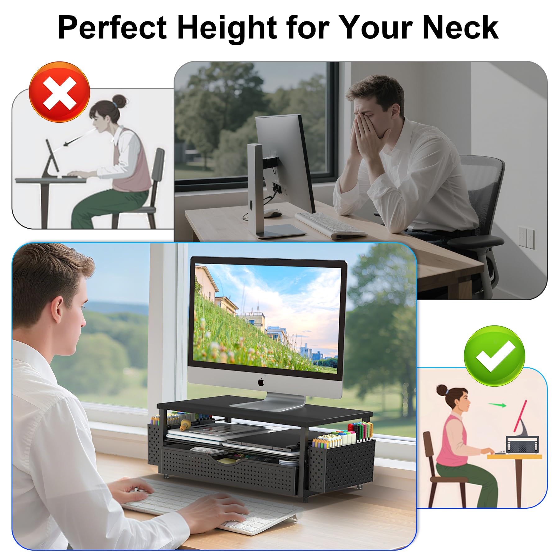 Black Desk Organizer with Monitor Stand Riser & Drawer - Office Workspace Accessories - Task & Tether