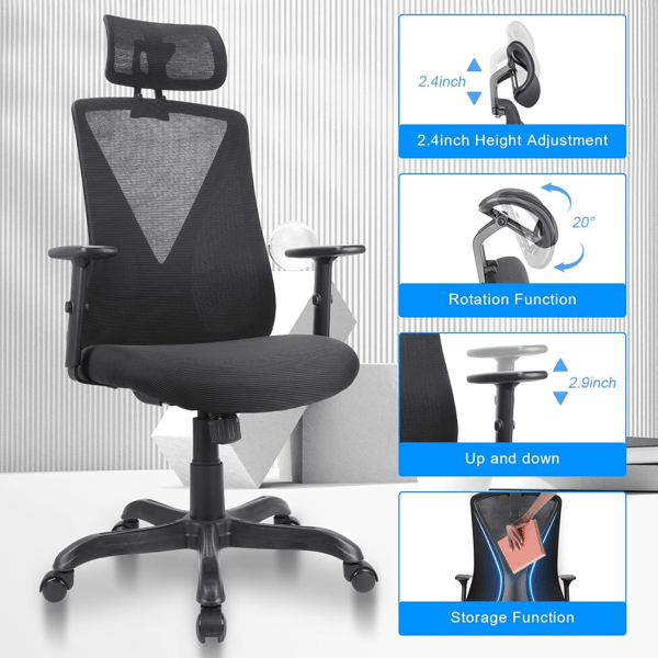 Adjustable Headrest Mesh Office Chair - Ergonomic Swivel Desk Chair - Task & Tether