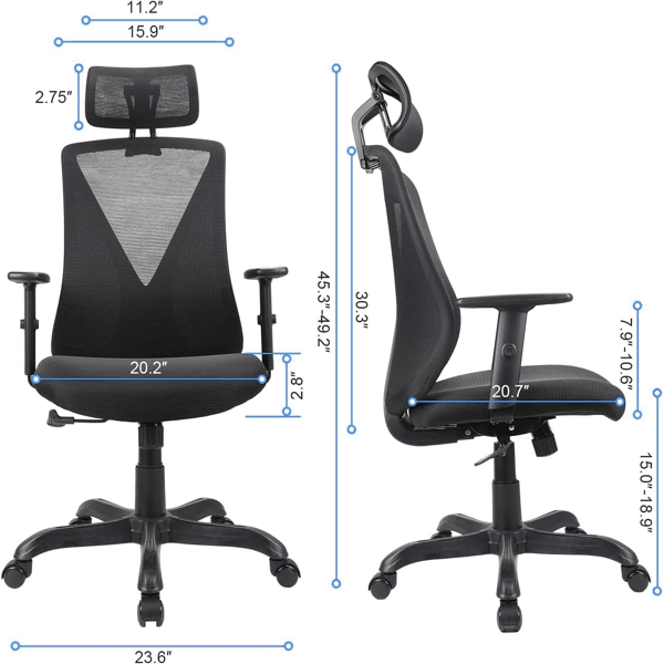 Adjustable Headrest Mesh Office Chair - Ergonomic Swivel Desk Chair - Task & Tether