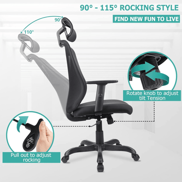 Adjustable Headrest Mesh Office Chair - Ergonomic Swivel Desk Chair - Task & Tether