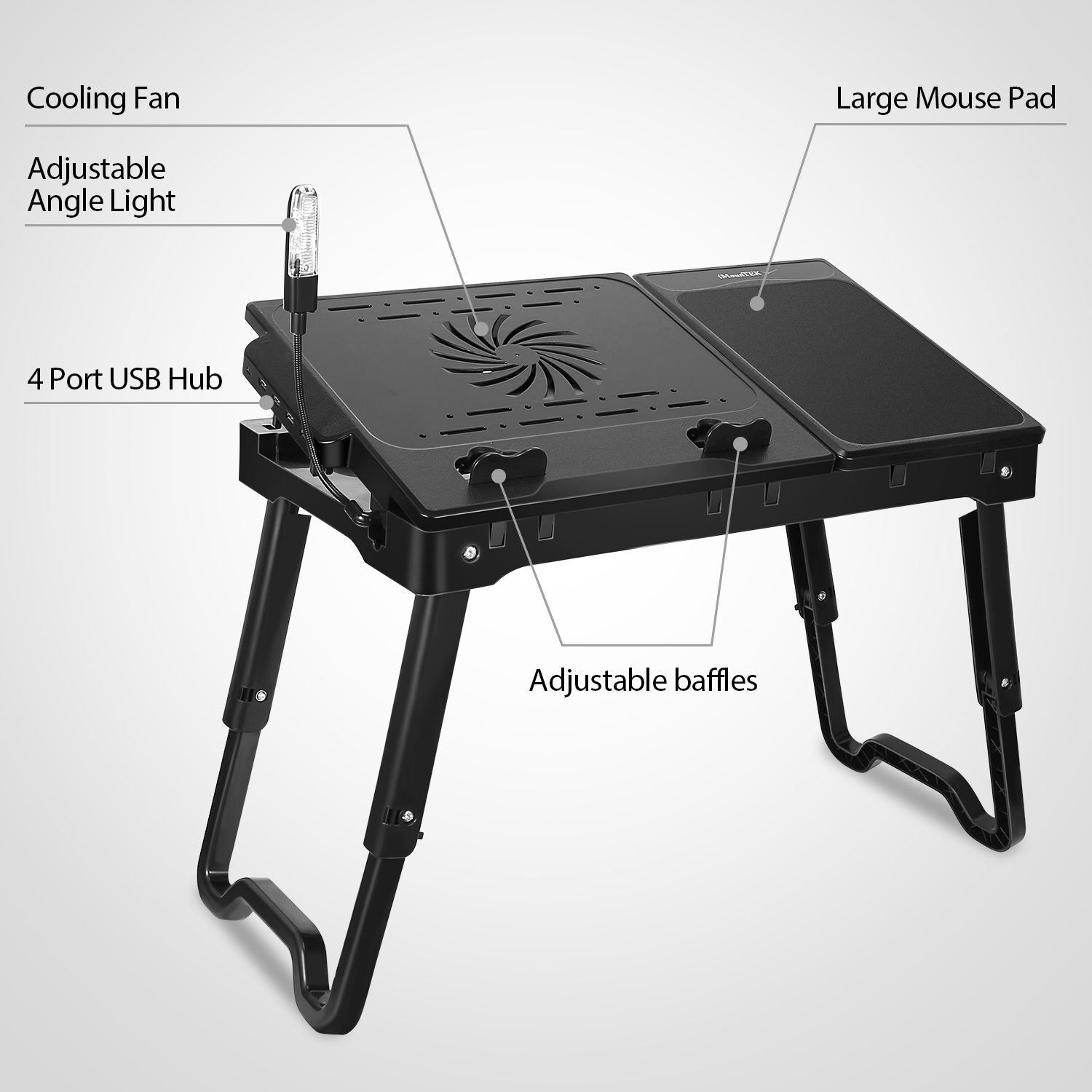 Foldable Laptop Table with Cooling Fan & LED Light - Bed Desk Tray - Task & Tether