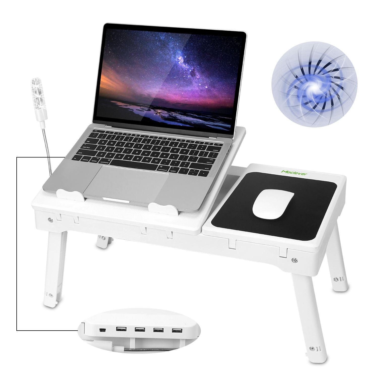 Foldable Laptop Table with Cooling Fan & LED Light - Bed Desk Tray - Task & Tether