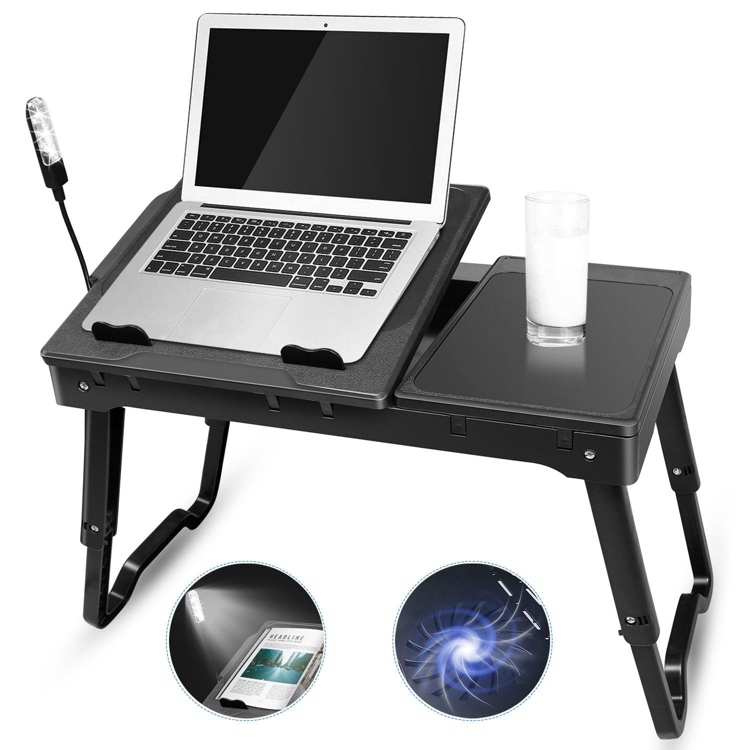 Foldable Laptop Table with Cooling Fan & LED Light - Bed Desk Tray - Task & Tether