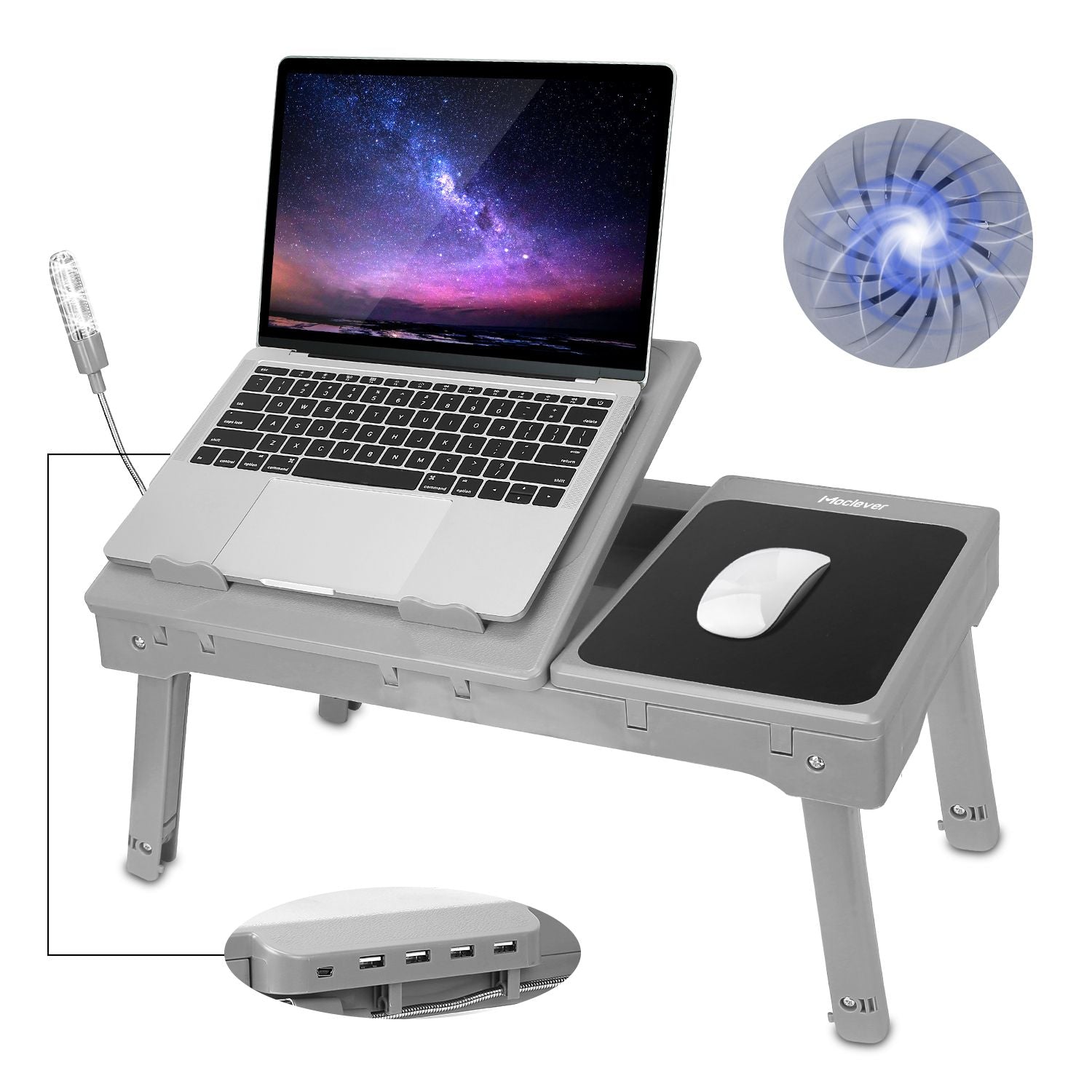 Foldable Laptop Table with Cooling Fan & Mouse Board - Bed Desk Tray - Task & Tether