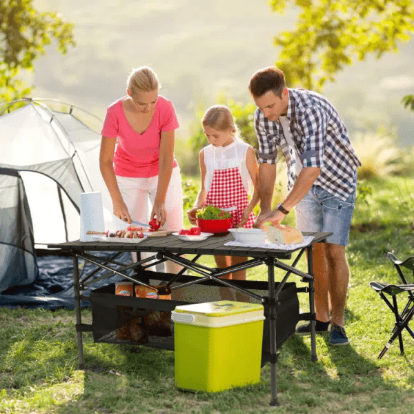 Folding Camp Table with Large Storage and Carrying Bags, for Picnic, Party, 37"x 22" - Task & Tether