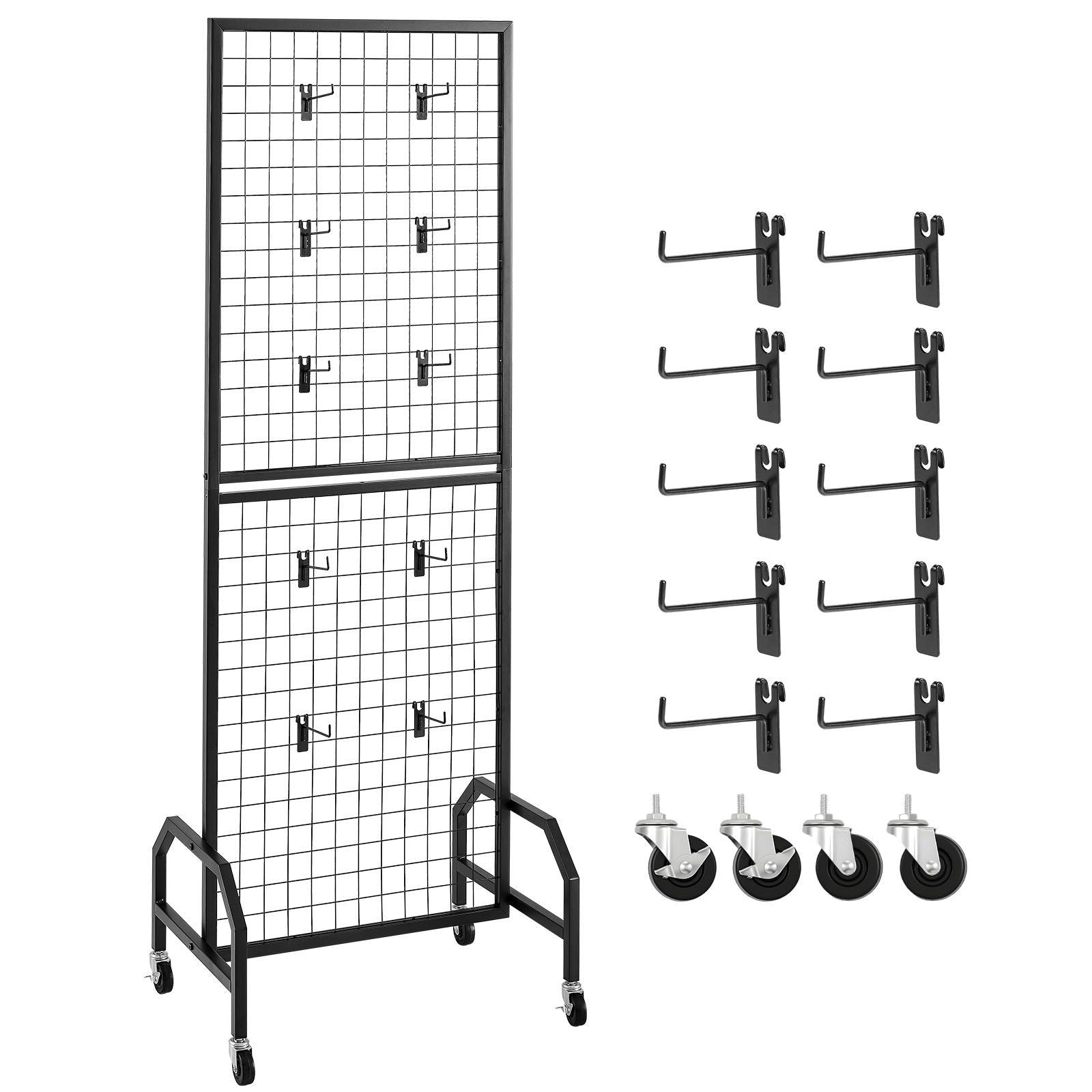 Grid Wall Panel, 1.9 x 5.4 ft Wire Grid Panels Display Rack, Movable Art Display Shelf with Wheels and 10 Hooks, Black Carbon Steel Gridwall for Craft Show, Decoration, Storage, Notice Board - Task & Tether