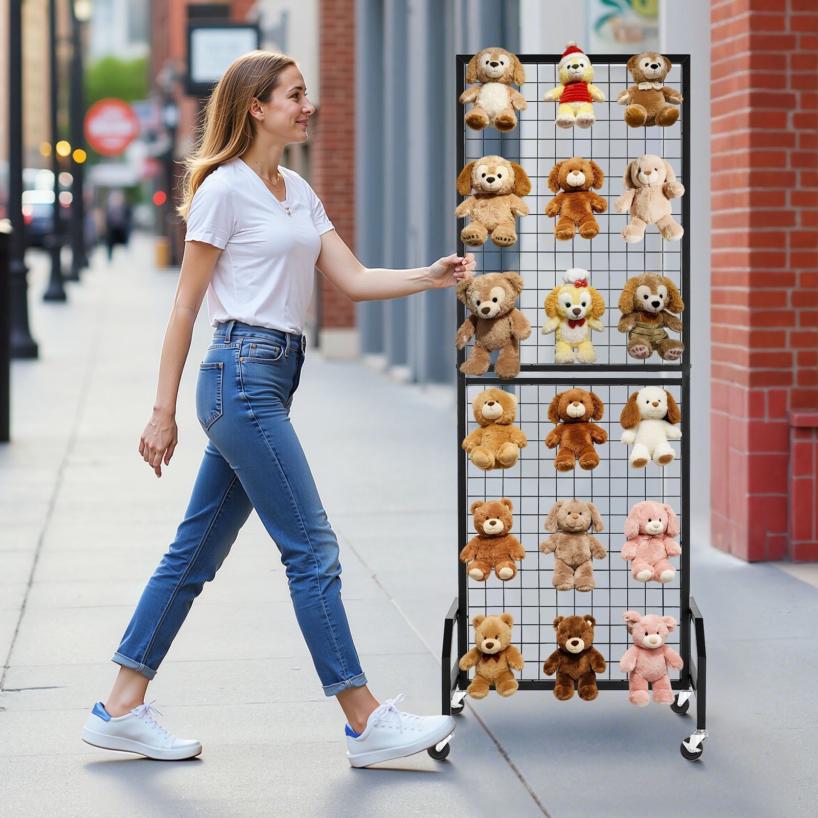 Grid Wall Panel, 1.9 x 5.4 ft Wire Grid Panels Display Rack, Movable Art Display Shelf with Wheels and 10 Hooks, Black Carbon Steel Gridwall for Craft Show, Decoration, Storage, Notice Board - Task & Tether